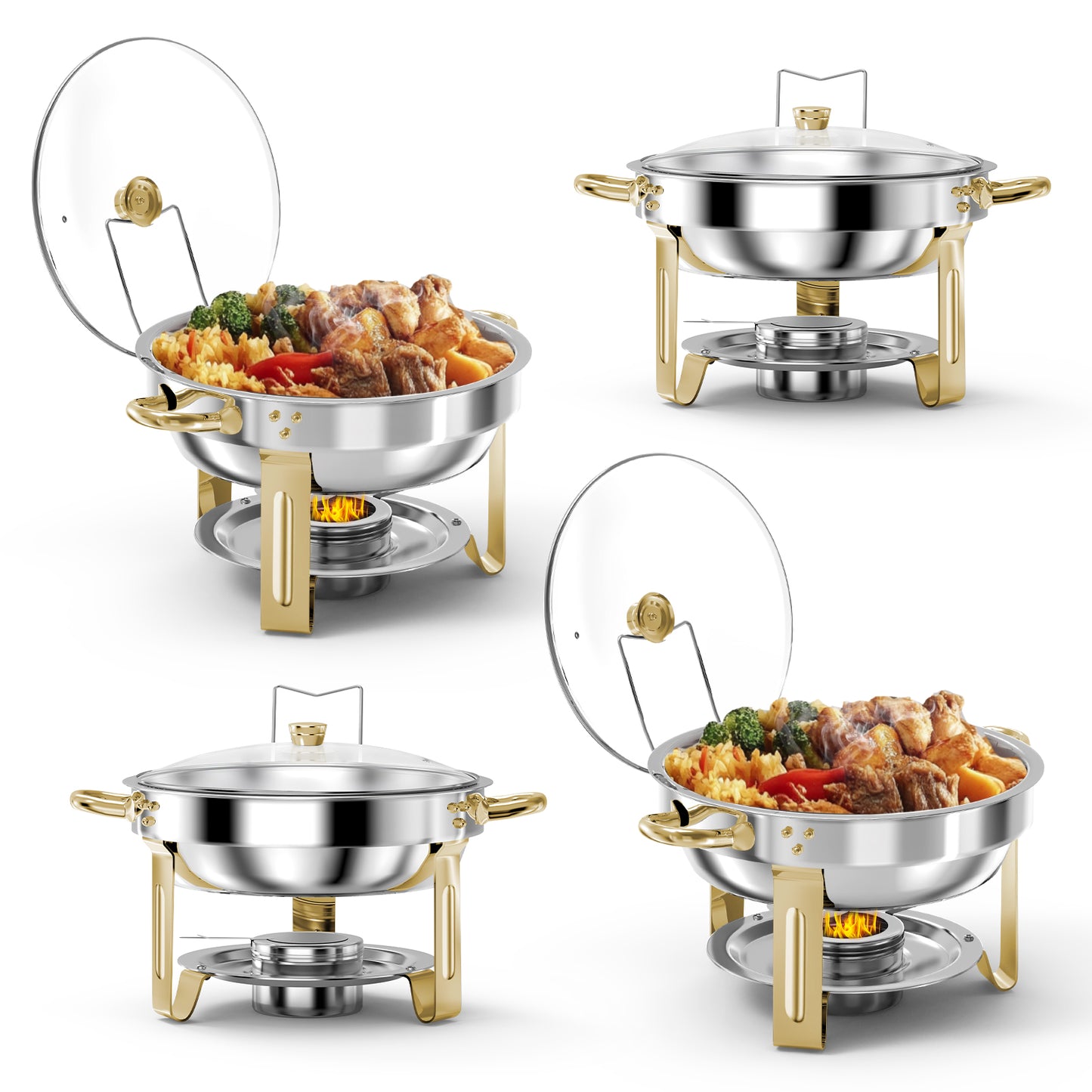 Loewten 4-Pack Chafing Dish Buffet Set,5QT Stainless Steel Catering Food Warmer with Lid & Holder for Parties,Events,Gold