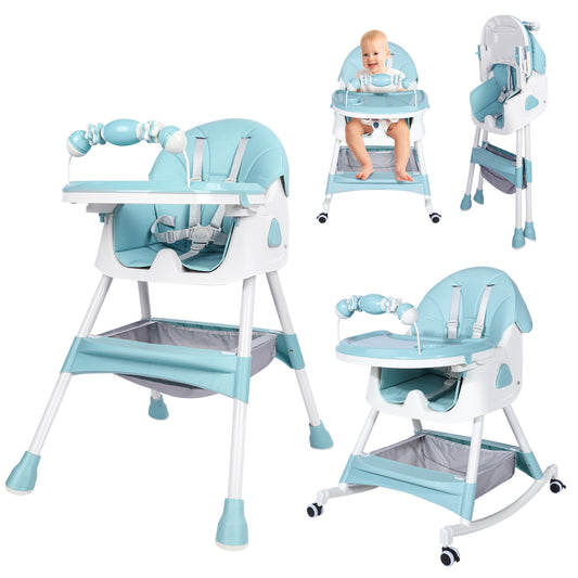 Loewten 4-in-1 Baby High Chair,Portable Folding Dining Chairs with Adjustable Height for Baby and Toddlers,Eat & Play with Five-Point,Blue