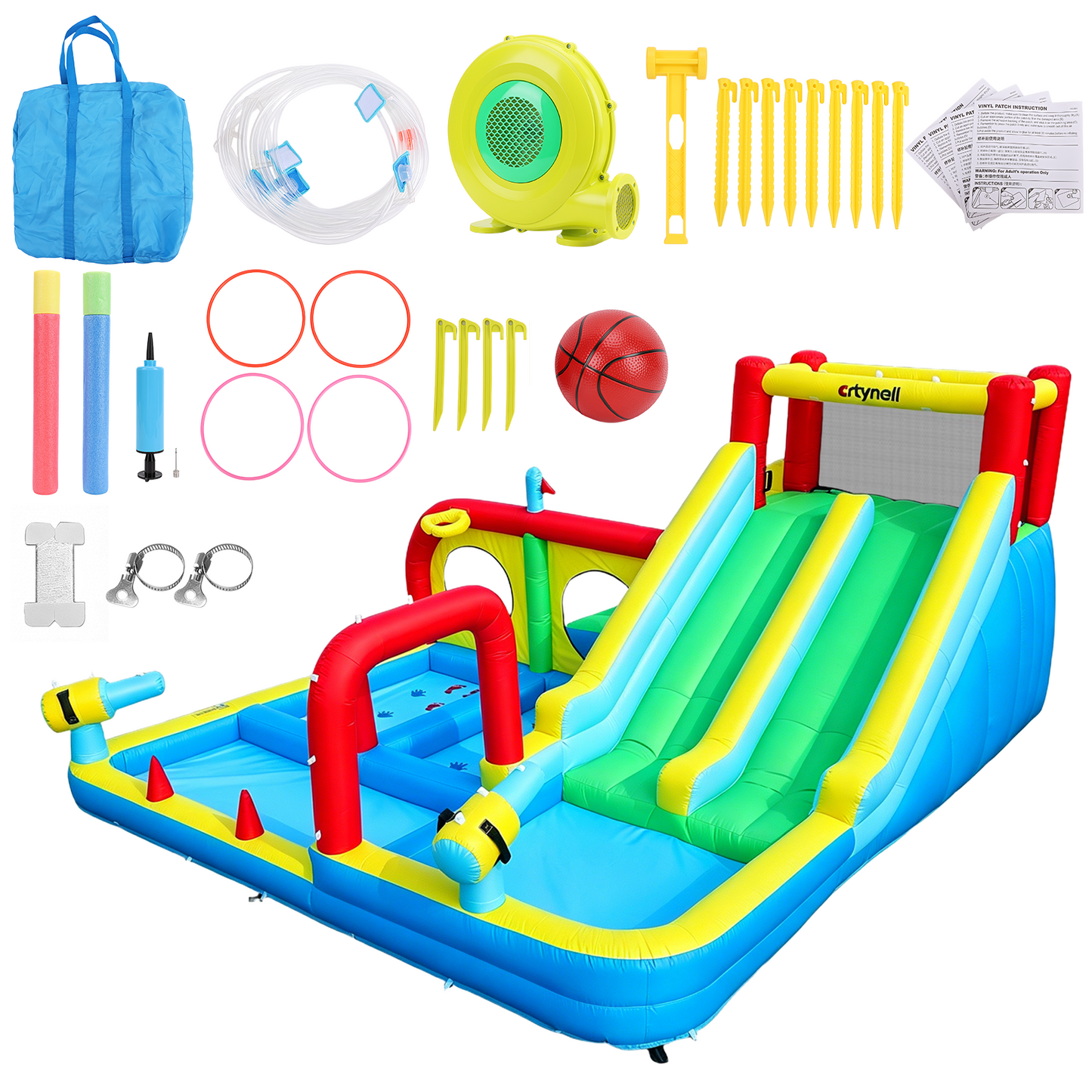 Inflatable Water Slide with Dual Slides, Bounce House with Climbing Wall, Dual Ball Pools, Water Guns, Basketball Hoop and Punching Game, Indoor/Outdoor Kids Inflatable Castle with Blower