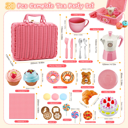 Crtynell Tea Party Set for Little Girls, 30 Pcs Picnic Basket Set with Carry Case, Teapot, Tea Cup, Dessert & Table Cloth, Pretend Play Toy Gifts for Kids 4 5 6 Year Old (Pink)