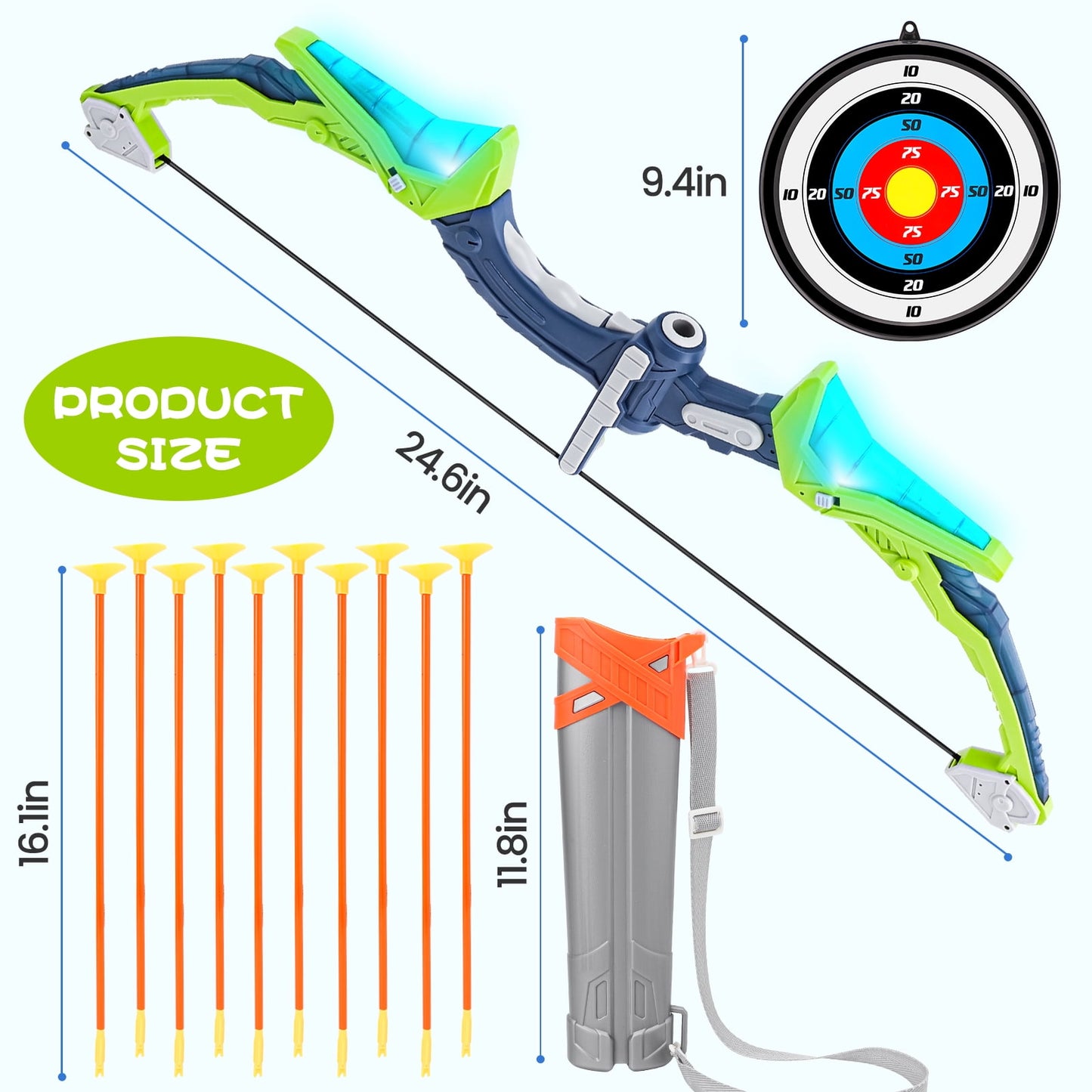 Kids Bow And Arrow Sport Toys For Boys Girls With Led Light Toddler Archery Set With 3 Suction Cup Arrows, 1 Quiver And 1 Target,Toy Gift For Birthday, Christmas, Party