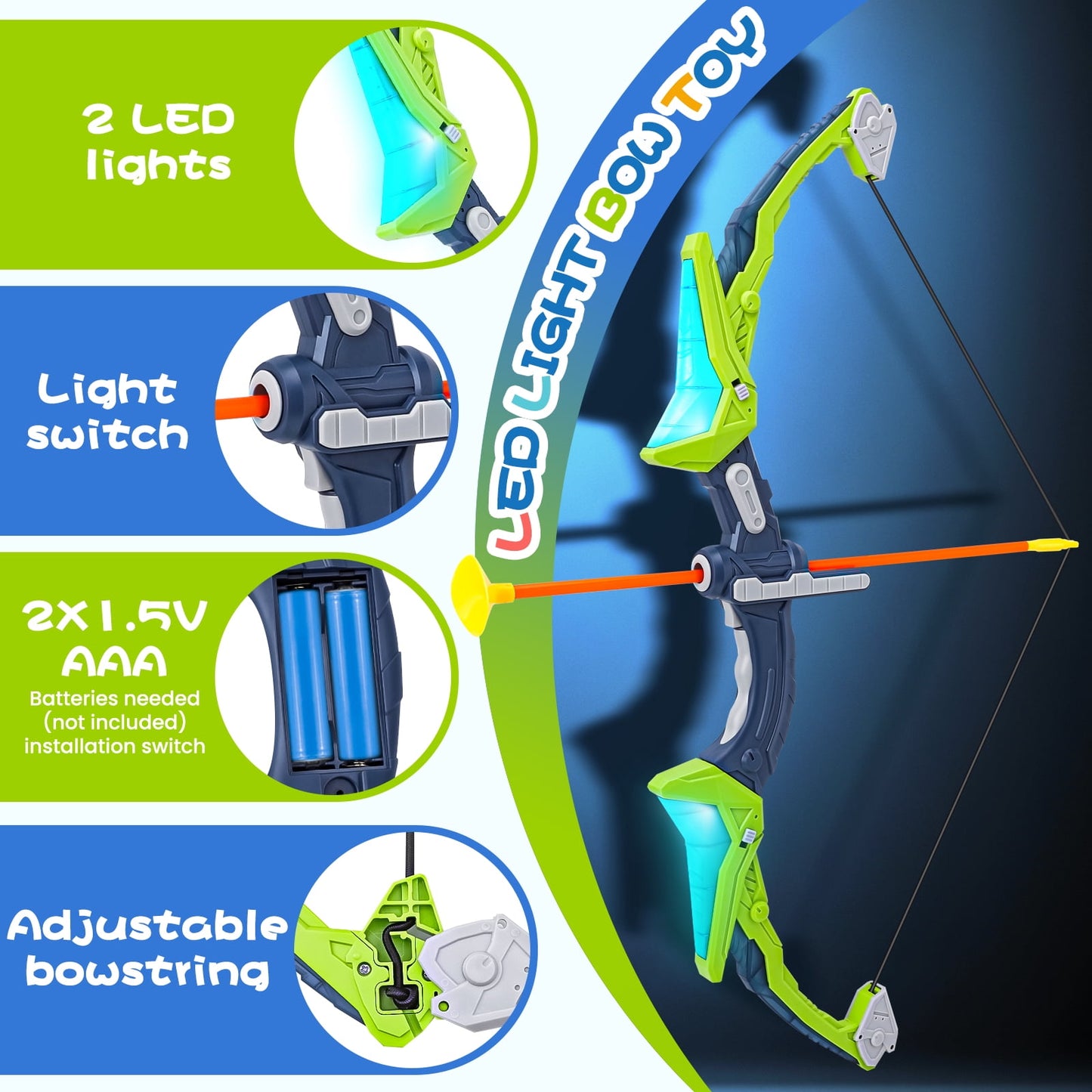 Kids Bow And Arrow Sport Toys For Boys Girls With Led Light Toddler Archery Set With 3 Suction Cup Arrows, 1 Quiver And 1 Target,Toy Gift For Birthday, Christmas, Party