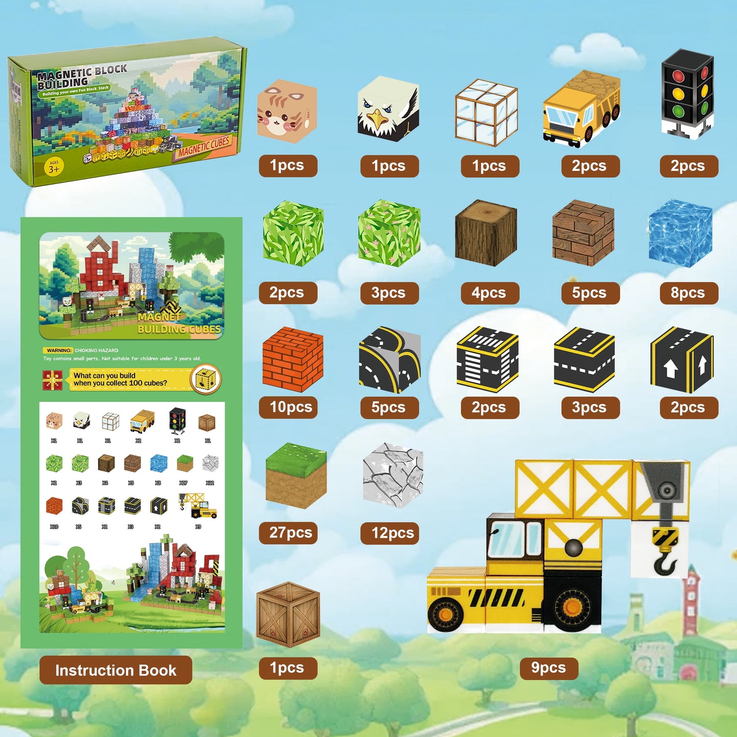 Crtynell 100pcs Magnetic Blocks - Build Magnet World Tiles Road Track Set For Boys & Girls Age 3-5 6-8, Sensory Toys for Toddlers Birthday Gifts for 3+ Years Old Girls Boys