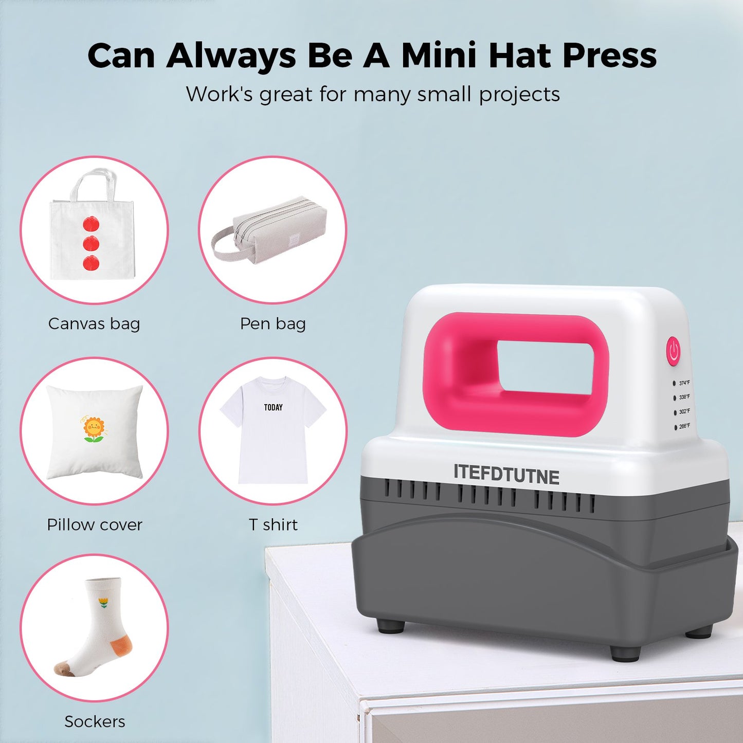 Crtynell Hat Press Machine handheld mini hat baking machine, home portable hat printing hot press equipment(Pink)