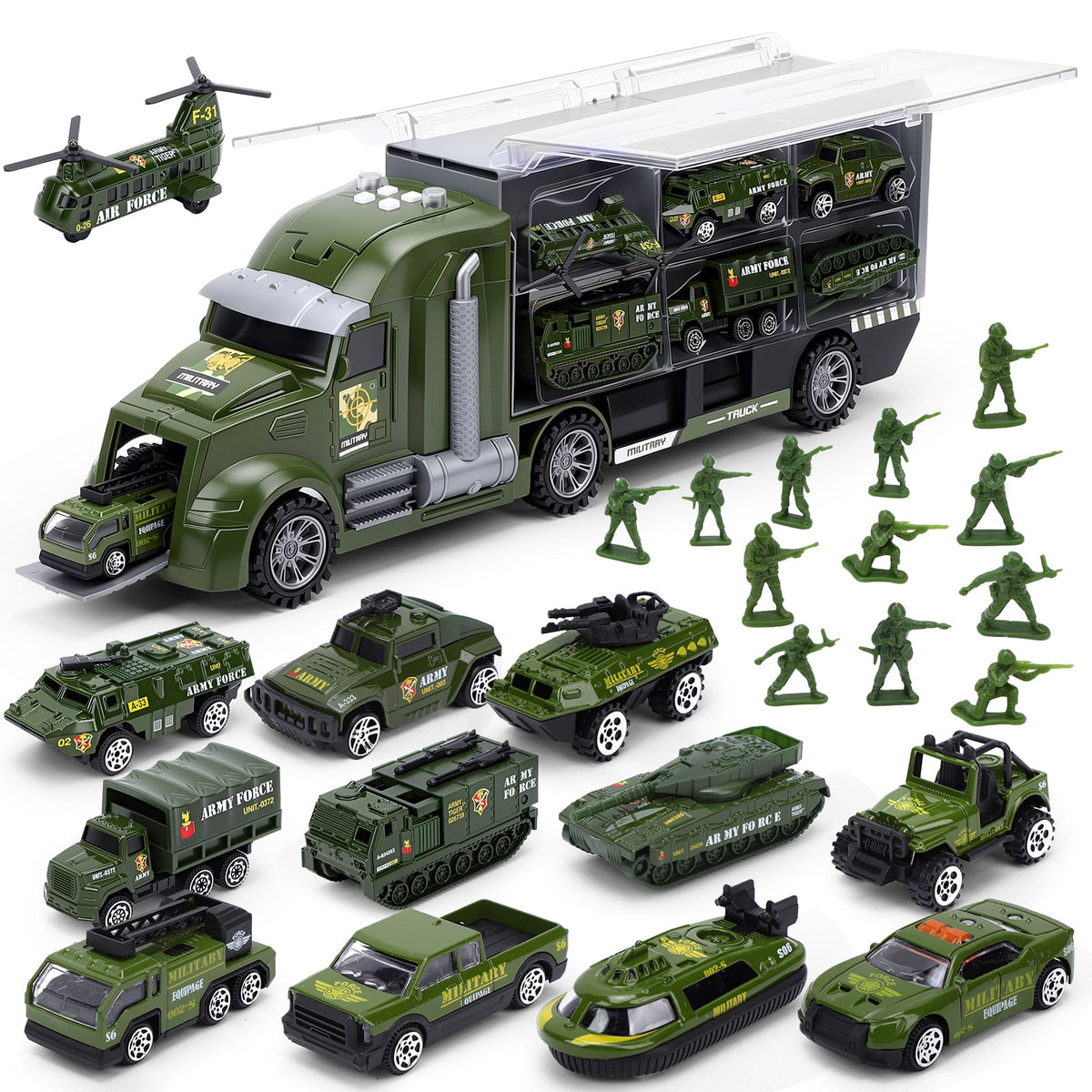 25 in 1 Die-cast Military Army Play Vehicle Set, Vehicles with Sounds and Lights in Carrier Truck, Push and Go Car Toy, Kids Christmas Birthday Gifts for 3 4 5 6 Years Old Boys