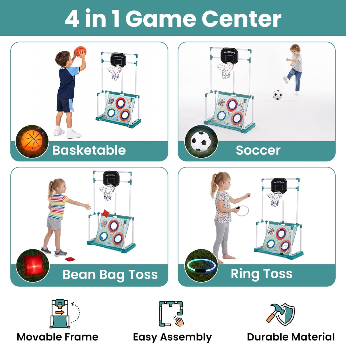 4-in-1 Kids Sports Game with Lights, Sandbag Toss Ring Throw Basketball Soccer Game, Gift for Indoor Outdoor Party