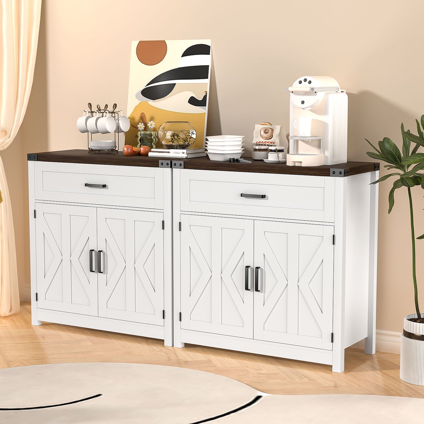 LAFGUR Coffee Bar Cabinet, Modern Farmhouse Buffet Sideboard with Drawer and Adjustable Shelf, Barn Door Storage Cabinet for Kitchen, Dining Room, Bathroom, Entryway, White-7068673227