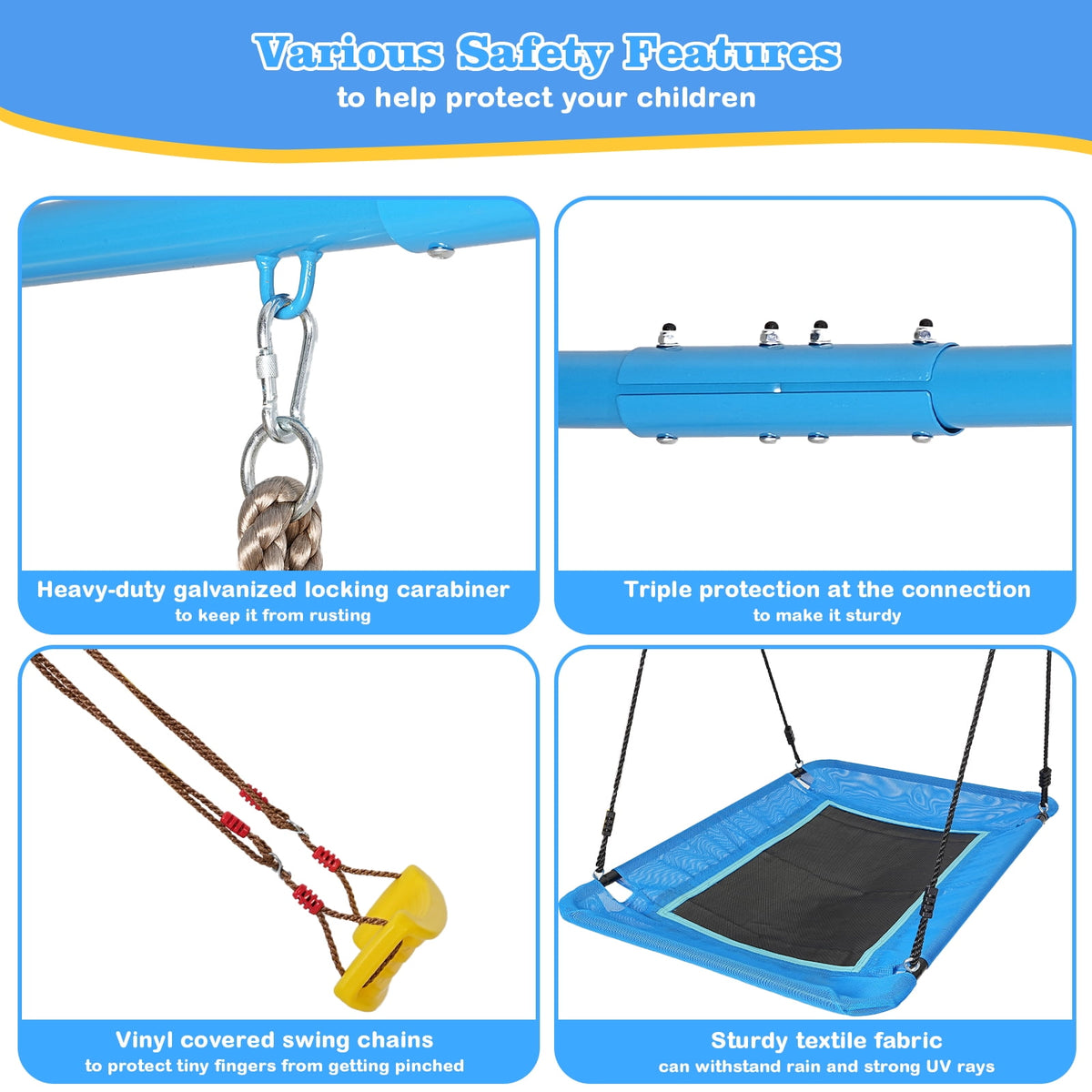4 in 1 Swing Sets for Outside,kids Metal Swing Set with Saucer Swing,Climbing Rope,Basketball Hoop
