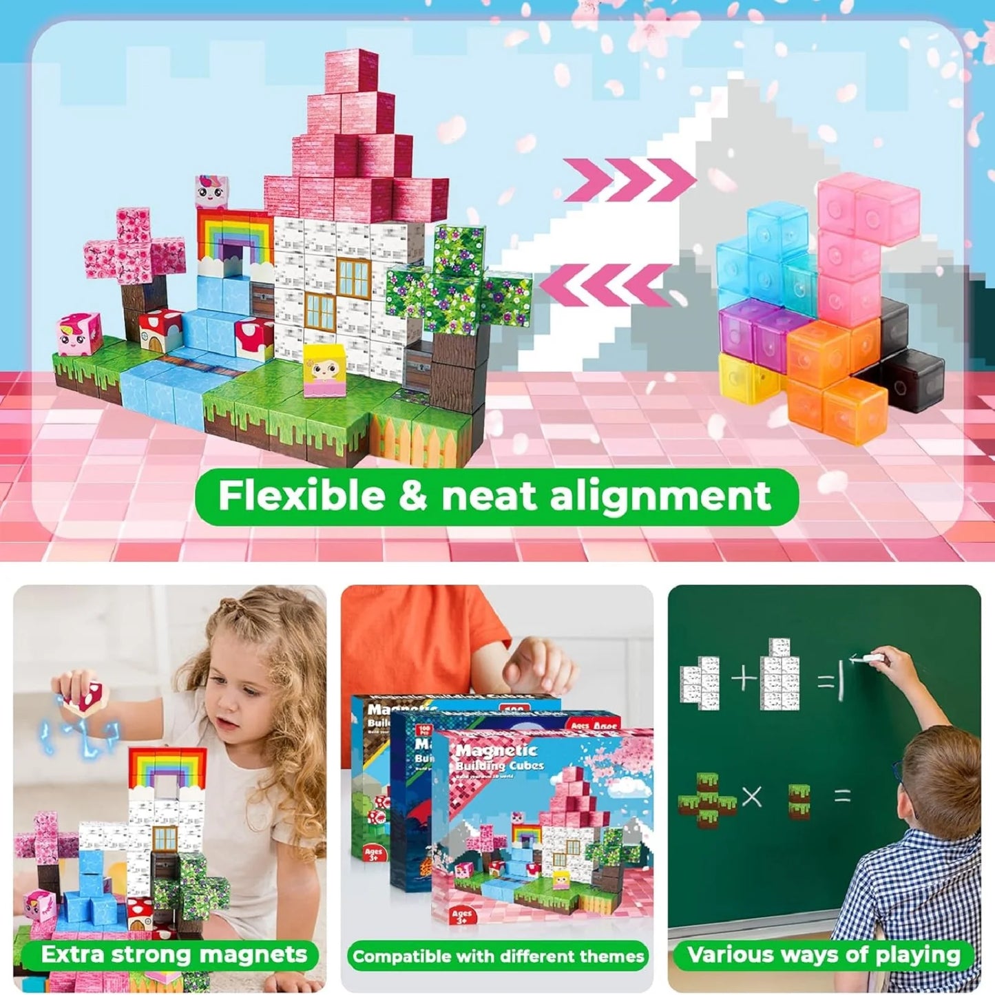 100 PCS Magnetic Building Blocks - minecraft magnetic block Pink Castle Set for 3-5 Years Old 6-8 Years Old Boys and Girls, Sensory Toys for Toddlers, Gifts for Birthday Christmas