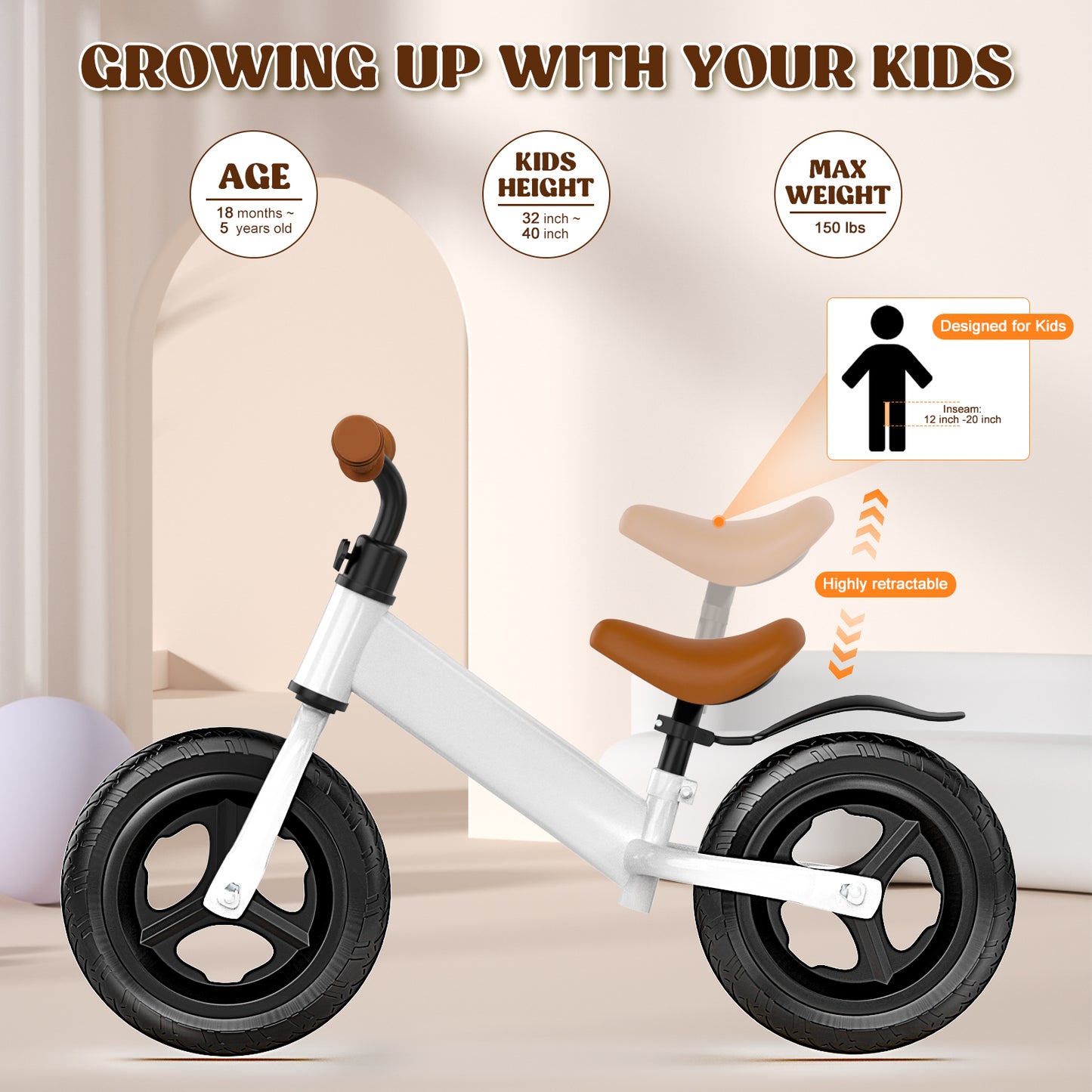 DOMQGA 12" Balance Bike for Kids,Adjustable Seat and Handlebar,No Pedal Balance Bicycle with Fender for Kids Ages 18 Months to 5 Years ,White