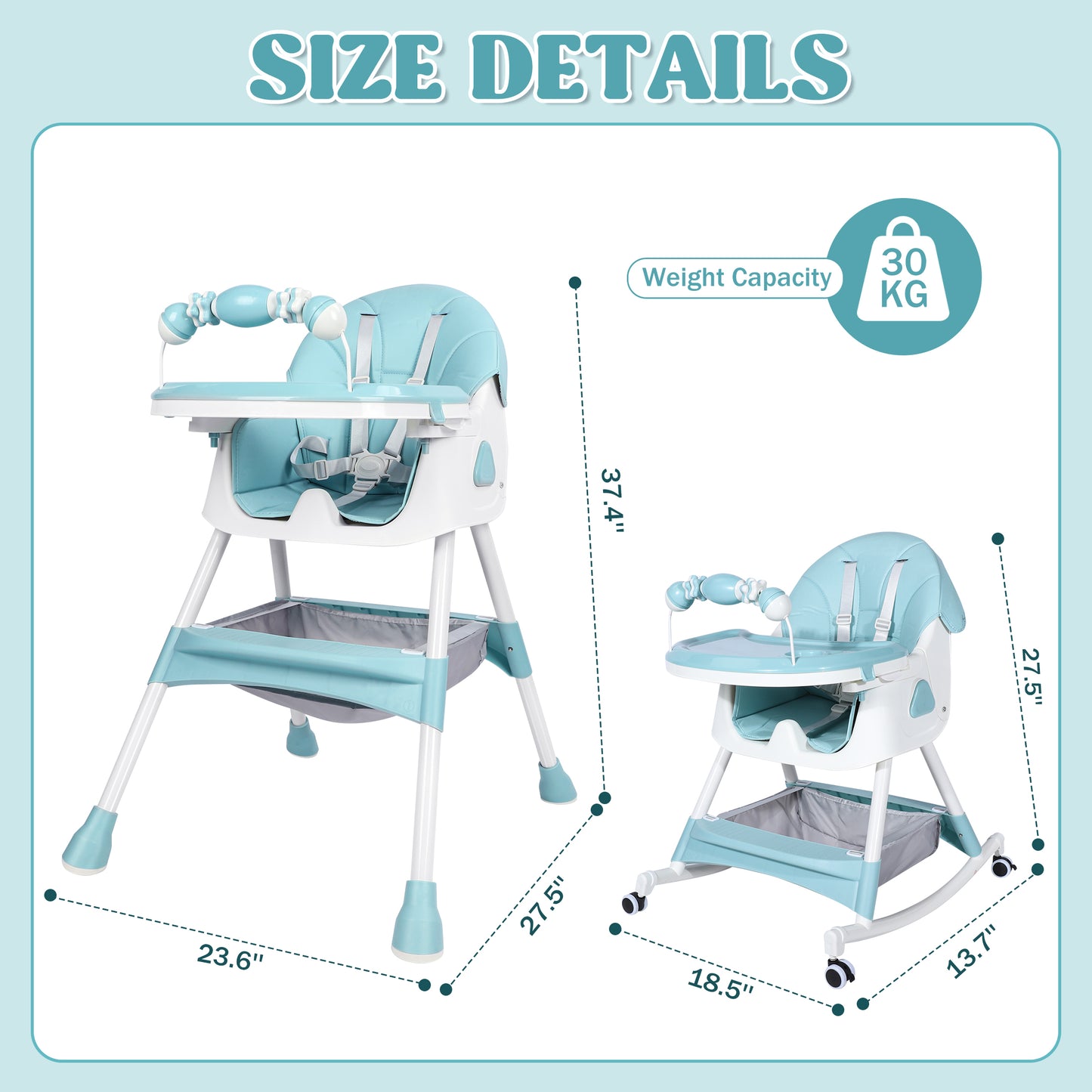 Loewten 4-in-1 Baby High Chair,Portable Folding Dining Chairs with Adjustable Height for Baby and Toddlers,Eat & Play with Five-Point,Blue