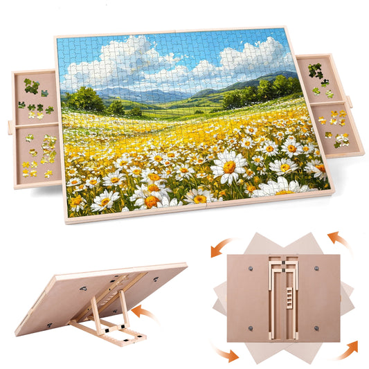 KALNUR 1500 Pieces 2-in-1 Tilting & Rotating Puzzle Board for Adults Gifts, Wooden Jigsaw Puzzle Table with 2 Drawers, Portable Board with Lazy Susan and Cover, 25.2" x 34.2"
