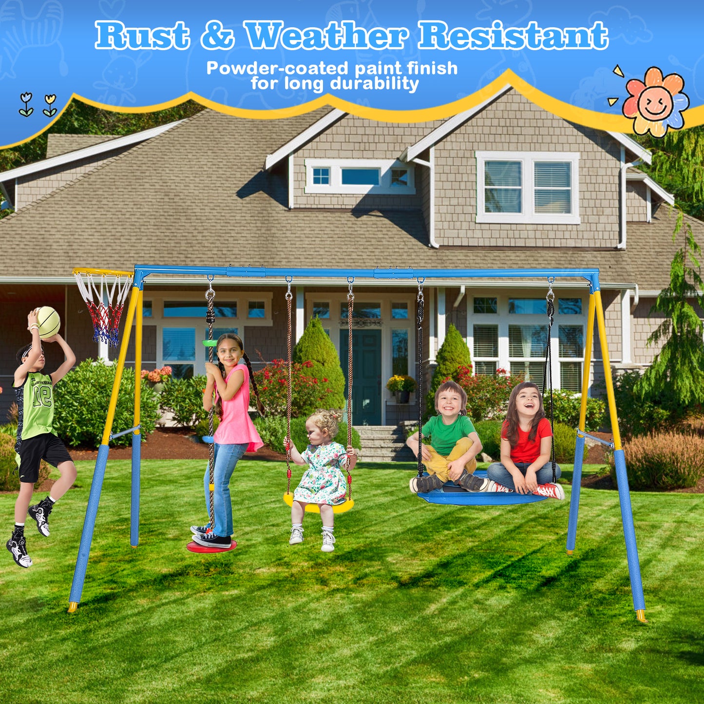 4 in 1 Swing Sets for Outside,kids Metal Swing Set with Saucer Swing,Climbing Rope,Basketball Hoop