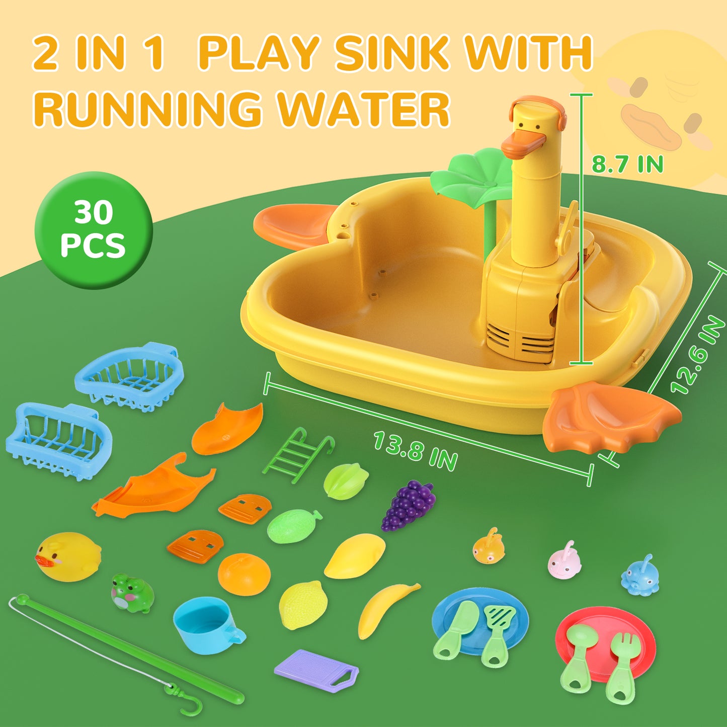 Crtynell Play Sink with Running Water, Kitchen Sink Toys with Play Food and Kitchen Utensils, Pool Floating Toys for Fishing Game, Children Role Play Electric Dishwasher Toy Gift for Boys Girls