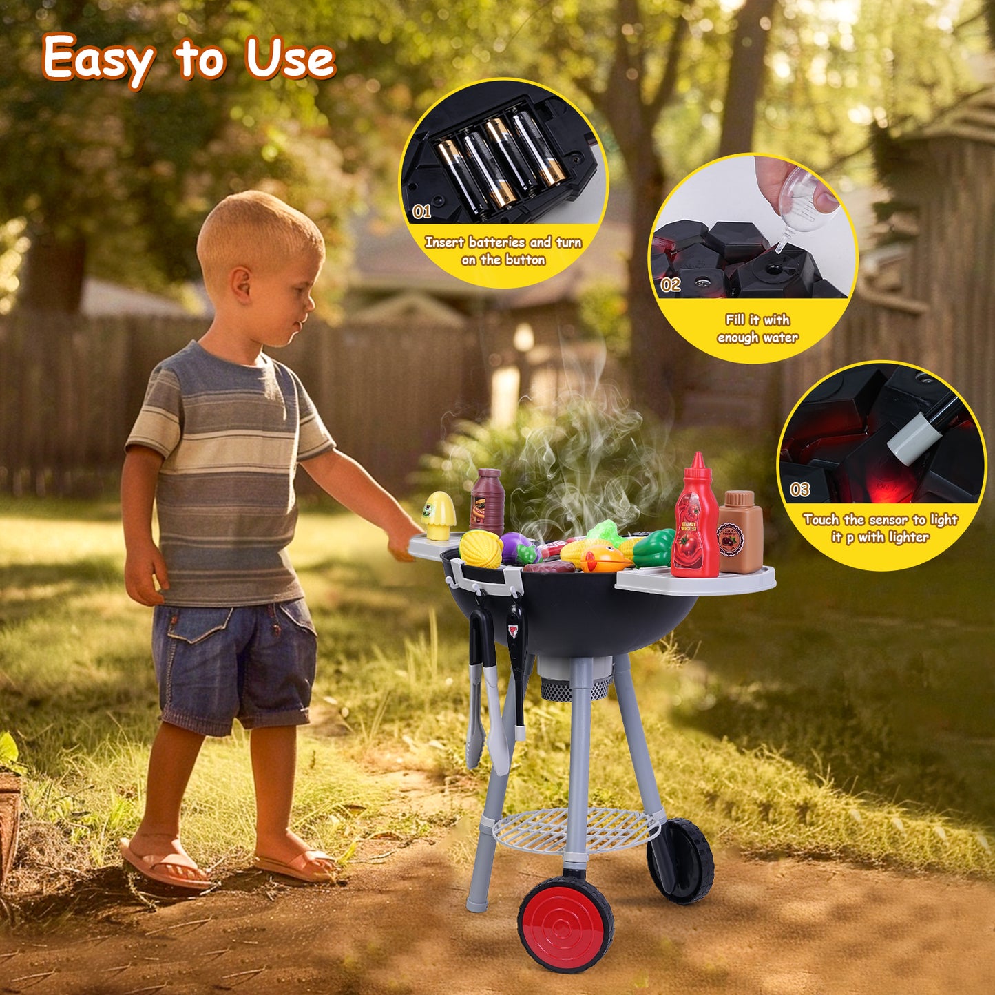 Loewten 42 Pcs BBQ Play Set, Kids Kitchen Playset Cooking Toy Set, Interactive Grill Playset for Toddlers