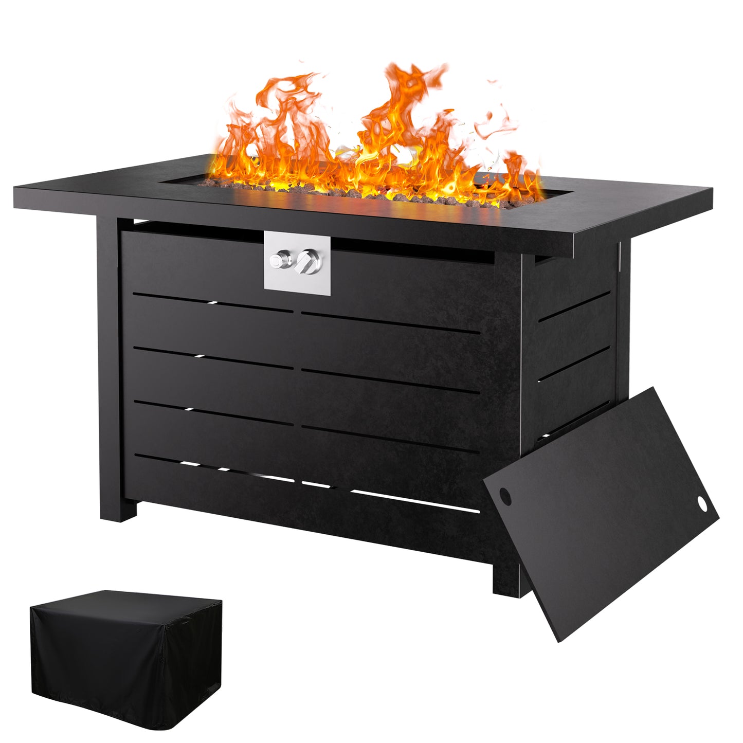 DOMQGA 43" Propane Fire Pit Table,50,000 BTU Steel Gas 2-in-1 Fire Pit Table for Outside with Lid,Lava Rock & Waterproof cover,Rectangle