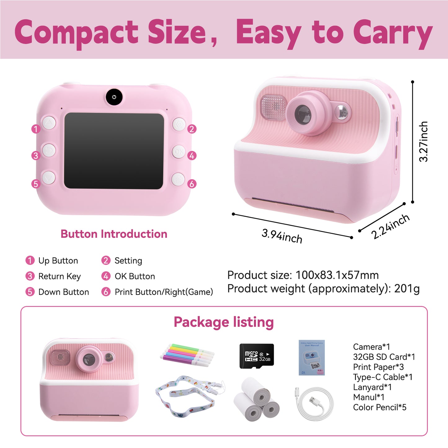 DOMQGA Kids Camera Instant Print,1080P Rechargeable Portable Kids Digital Cameras Christmas Birthday Gifts with 32G SD Card,Pink