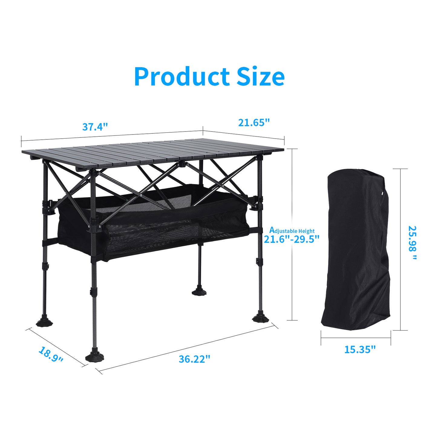 Loewten Camping Table with Adjustable Height 22"-30, Wide Feet, Storage & Carrying Bags for Picnic, BBQ, Beach, Backyard, Party