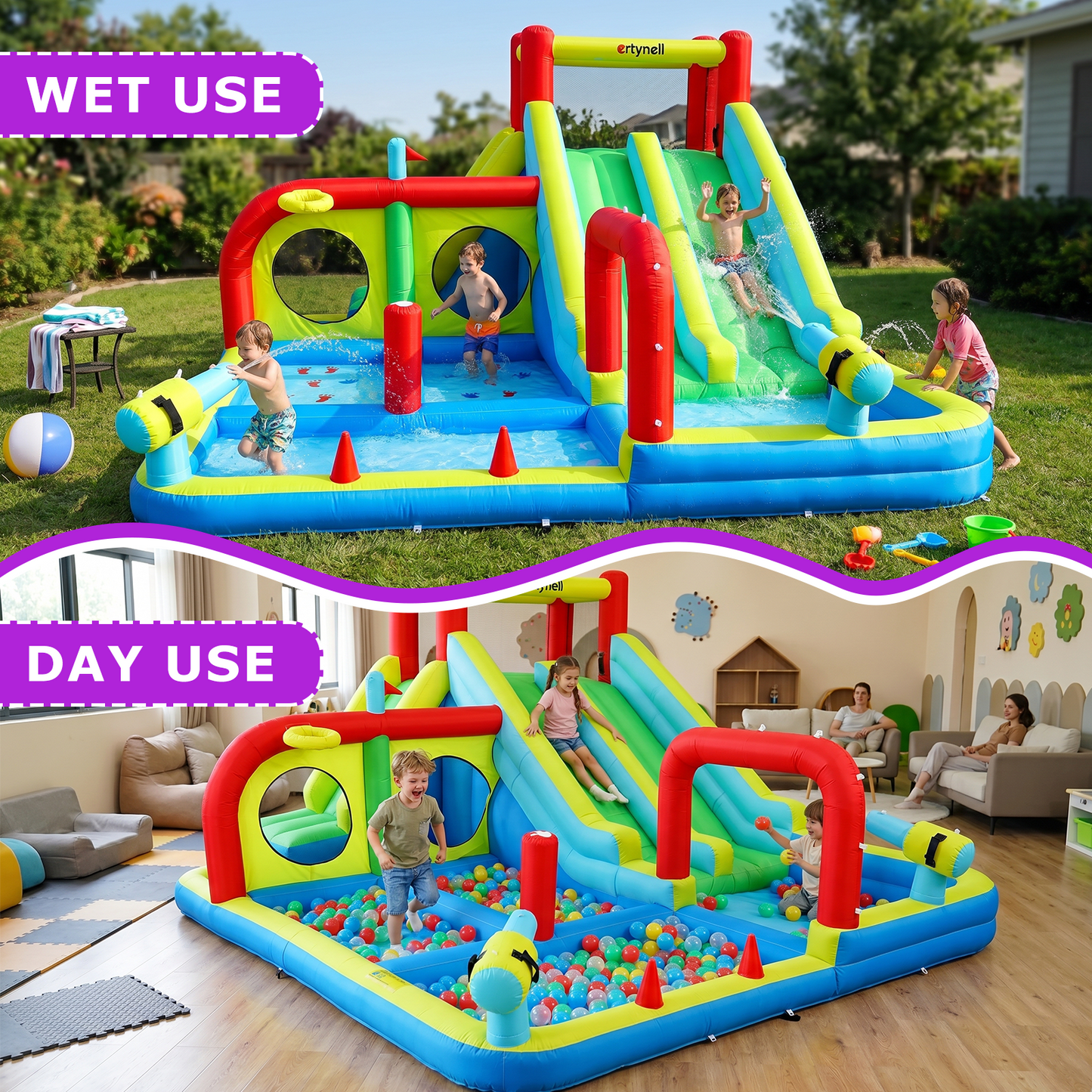 Inflatable Water Slide with Dual Slides, Bounce House with Climbing Wall, Dual Ball Pools, Water Guns, Basketball Hoop and Punching Game, Indoor/Outdoor Kids Inflatable Castle with Blower