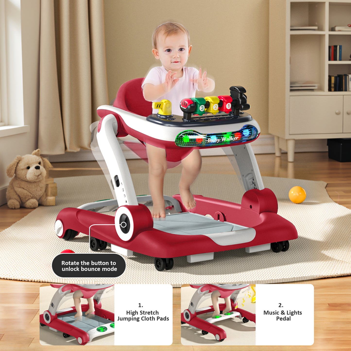 Loewten Baby Walker, 3 in 1 Music and Lights Baby Jumper, Music Bouncer Walkers for Boys Girls Babies 6-18 Months, Red