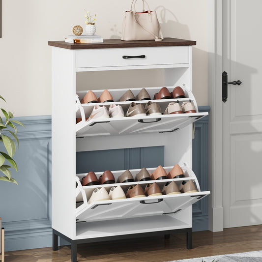 Loewten Shoe Cabinet Storage with 2 Flip Drawers & 1 Drawer,Narrow Free Standing Shoe Organizer Cabinet Slim Shoe Cabinet for Hallway,White