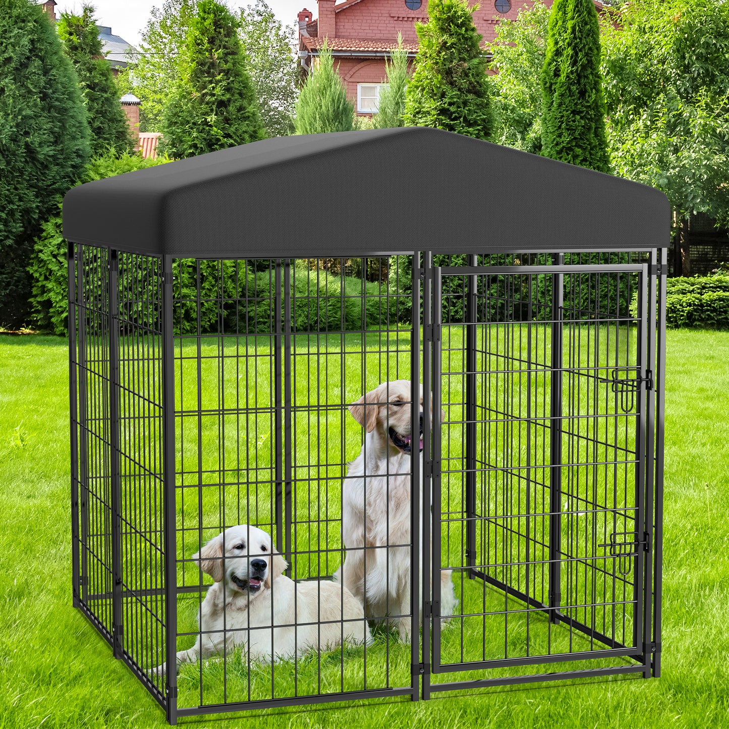 DOMQGA Outdoor Dog Kennel,4ft x 4ft x 4.5ft Heavy Duty Metal Dog Playpen Pet Fences for Yard,Anti-Rust Dog Crate Outside with Waterproof & UV-Resistant Cover