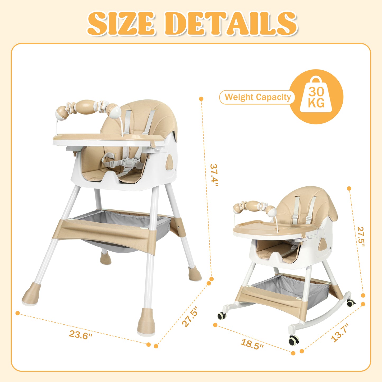 Loewten 4-in-1 Baby High Chair,Portable Folding Dining Chairs with Adjustable Height for Baby and Toddlers,Eat & Play with Five-Point,Brown