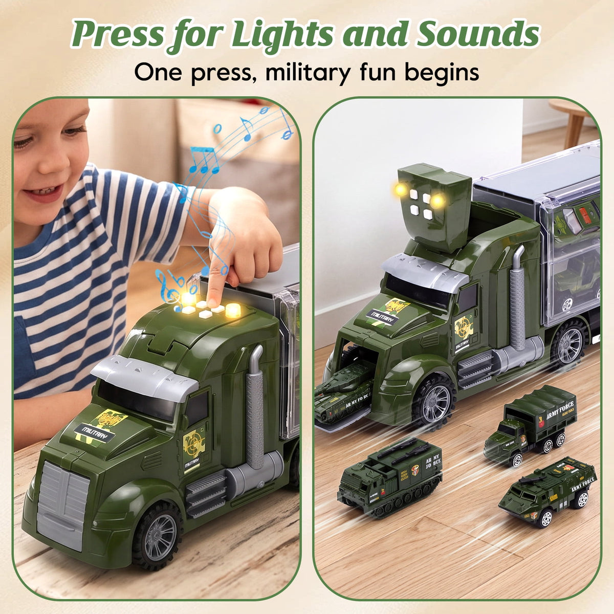 25 in 1 Die-cast Military Army Play Vehicle Set, Vehicles with Sounds and Lights in Carrier Truck, Push and Go Car Toy, Kids Christmas Birthday Gifts for 3 4 5 6 Years Old Boys
