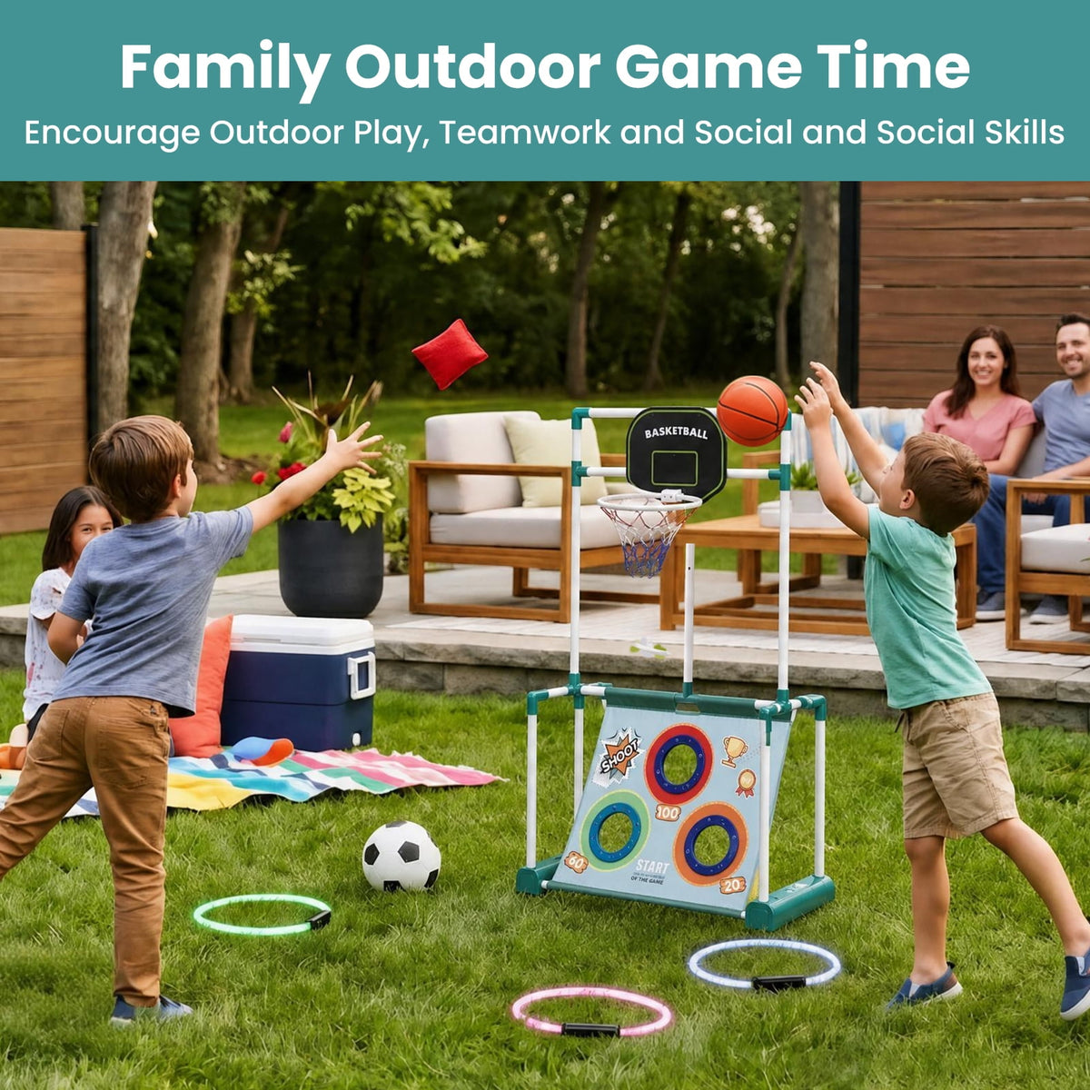4-in-1 Kids Sports Game with Lights, Sandbag Toss Ring Throw Basketball Soccer Game, Gift for Indoor Outdoor Party