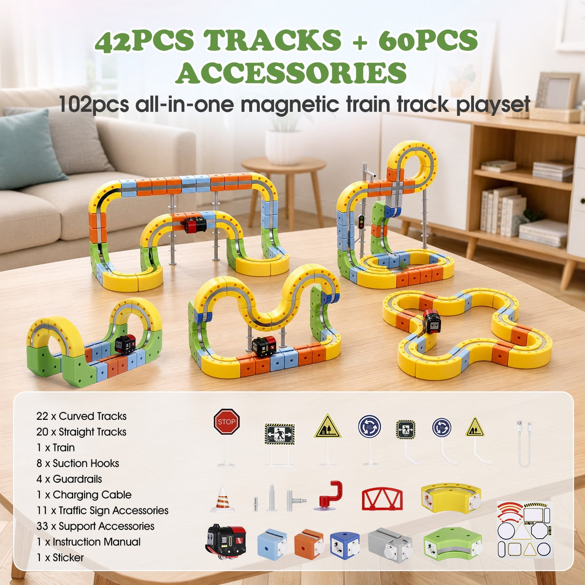 Magnetic Electric Train Set for Kids, 100Pcs Build 3D DIY Track Building Kits with Train and Traffic Signs, STEM Car Educational Toy Set for Kids, 3+ Years Old Boys & Girls Birthday