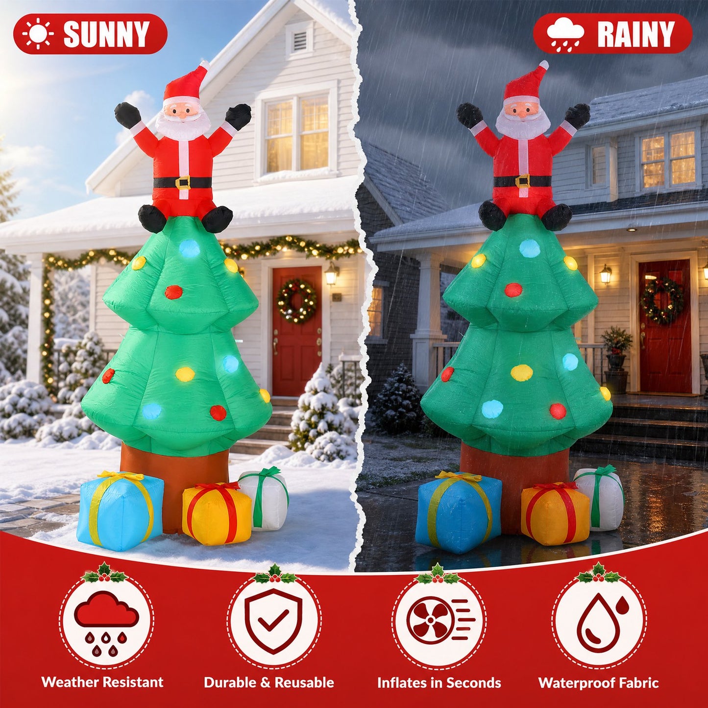 Crtynell 8ft Inflatable Christmas Tree Decoration LED with Santa Claus,Boxes Blow Up Yard Decoration