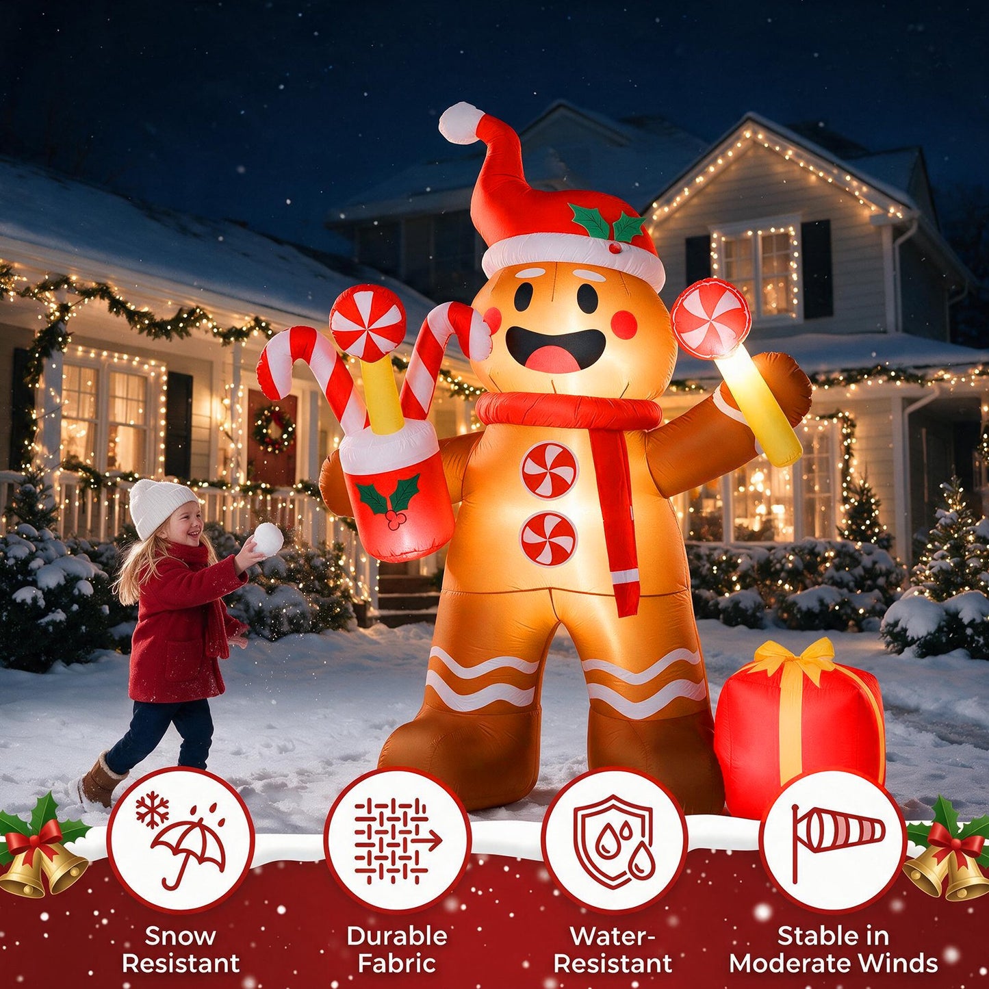 8 FT Christmas Inflatable Gingerbread Man in Lollipop Outdoor Decorations with 5 LED Lights Holiday Yard Decoration Christmas Blow Up Decor Large Sets for Garden Lawn Xmas Party