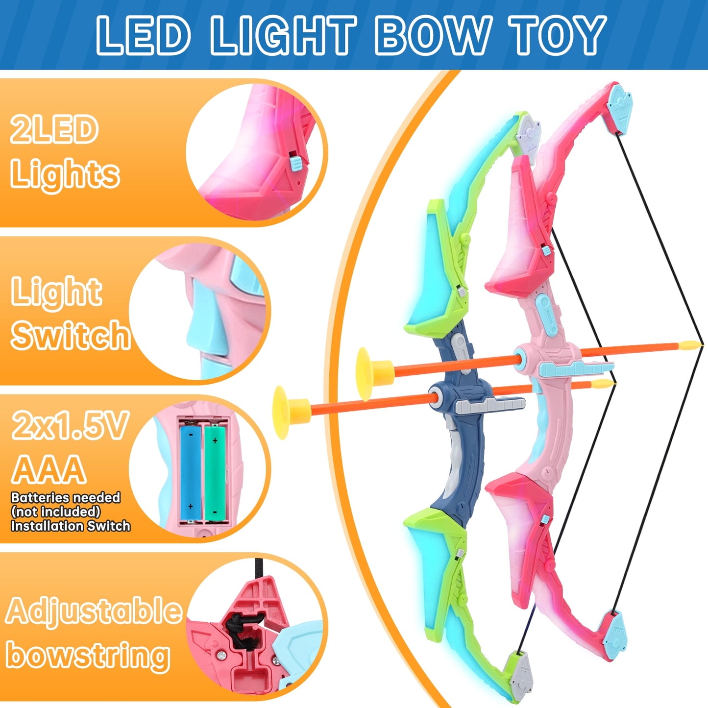 Kids Bow And Arrow Set, 2 Pack Led Light Up Archery Toy Set Indoor Outdoor Sport Toys For Boys Girls Christmas Gift