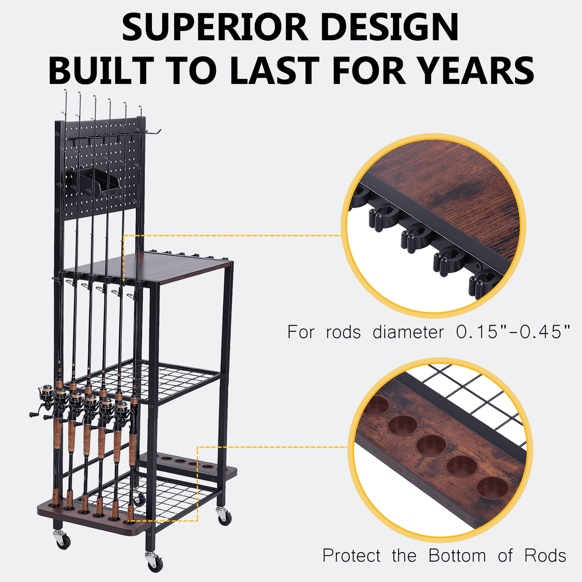 Fishing Rod Holder with Back Panel,Fishing Rod Rack & Storage Cabinet,Fishing Gear Storage up to 12 Rods with Hooks and Wheels,Fishing Cart For Garage Home Entryway Corner Gift Ideas For Men Dad