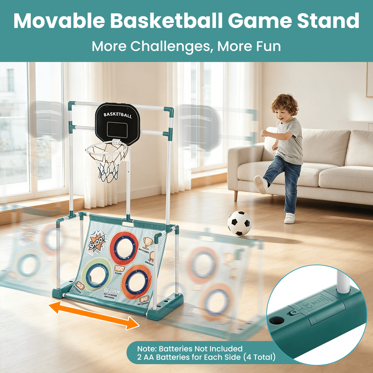 4-in-1 Kids Sports Game with Lights, Sandbag Toss Ring Throw Basketball Soccer Game, Gift for Indoor Outdoor Party
