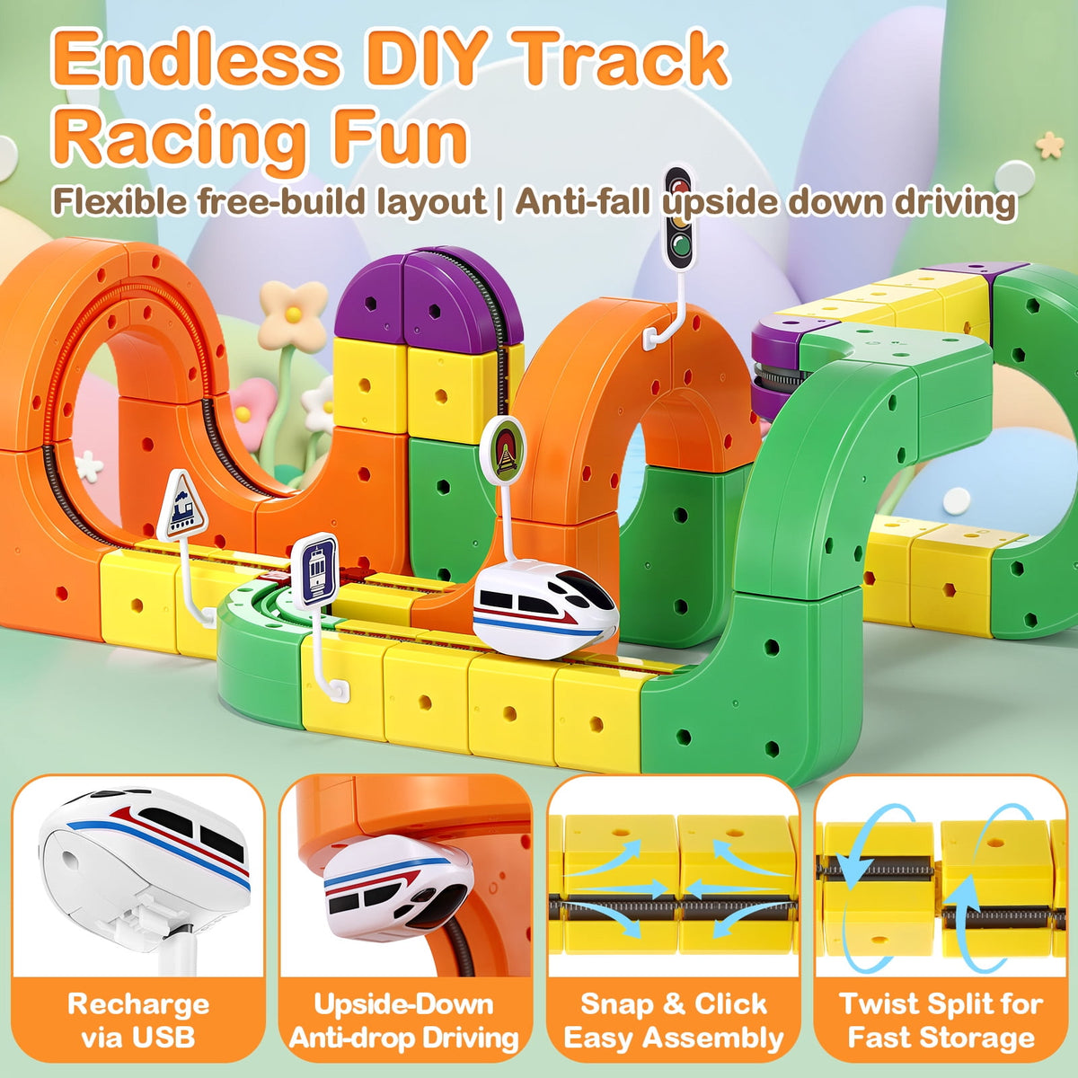 Electric Train Track Set for Kids(Gear style), 81PCS DIY Flexible Race Track Building Cube Toy Train with Traffic Signs, Christmas Birthday Gift for Kids Boys and Girls Aged 3-8