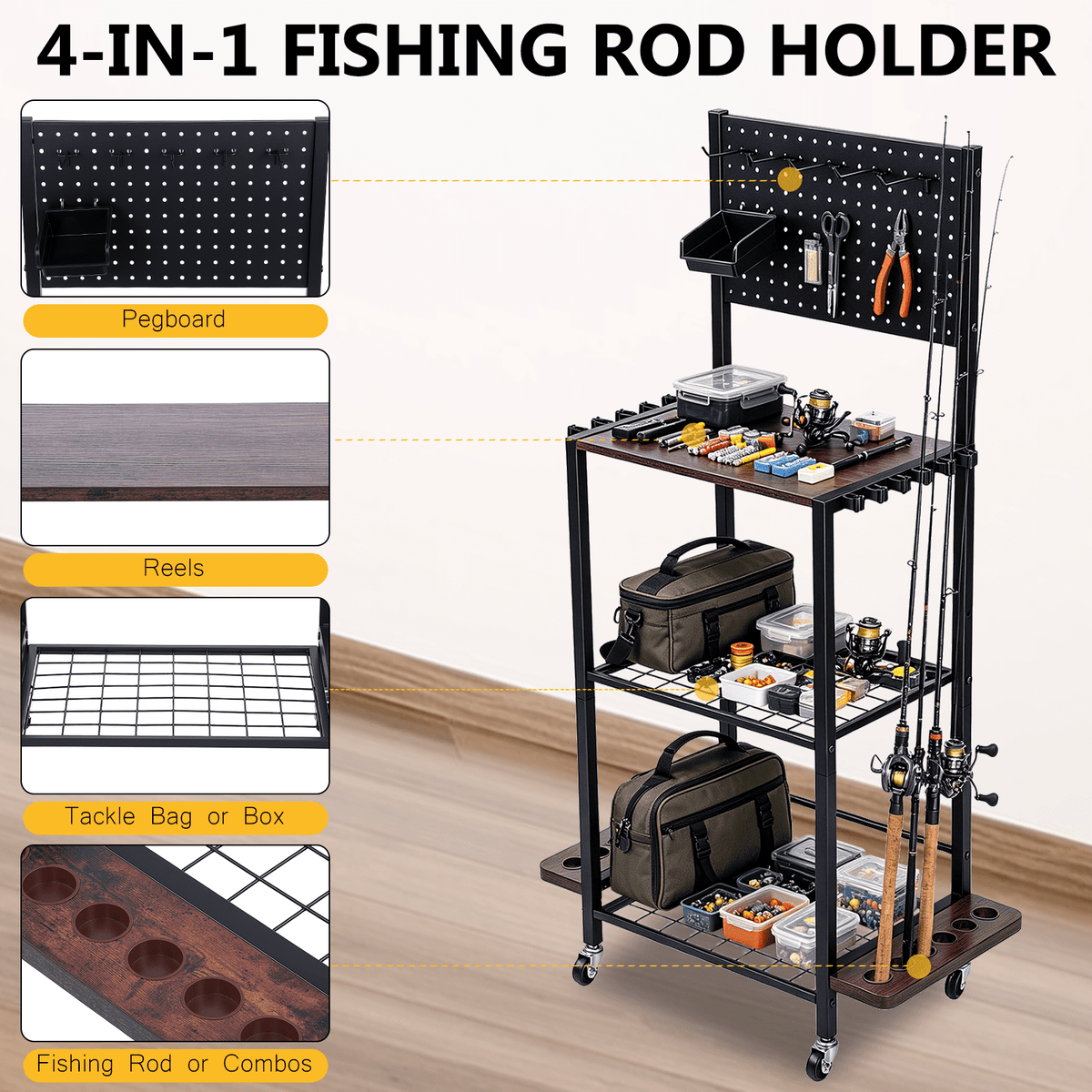 Fishing Rod Holder with Back Panel,Fishing Rod Rack & Storage Cabinet,Fishing Gear Storage up to 12 Rods with Hooks and Wheels,Fishing Cart For Garage Home Entryway Corner Gift Ideas For Men Dad