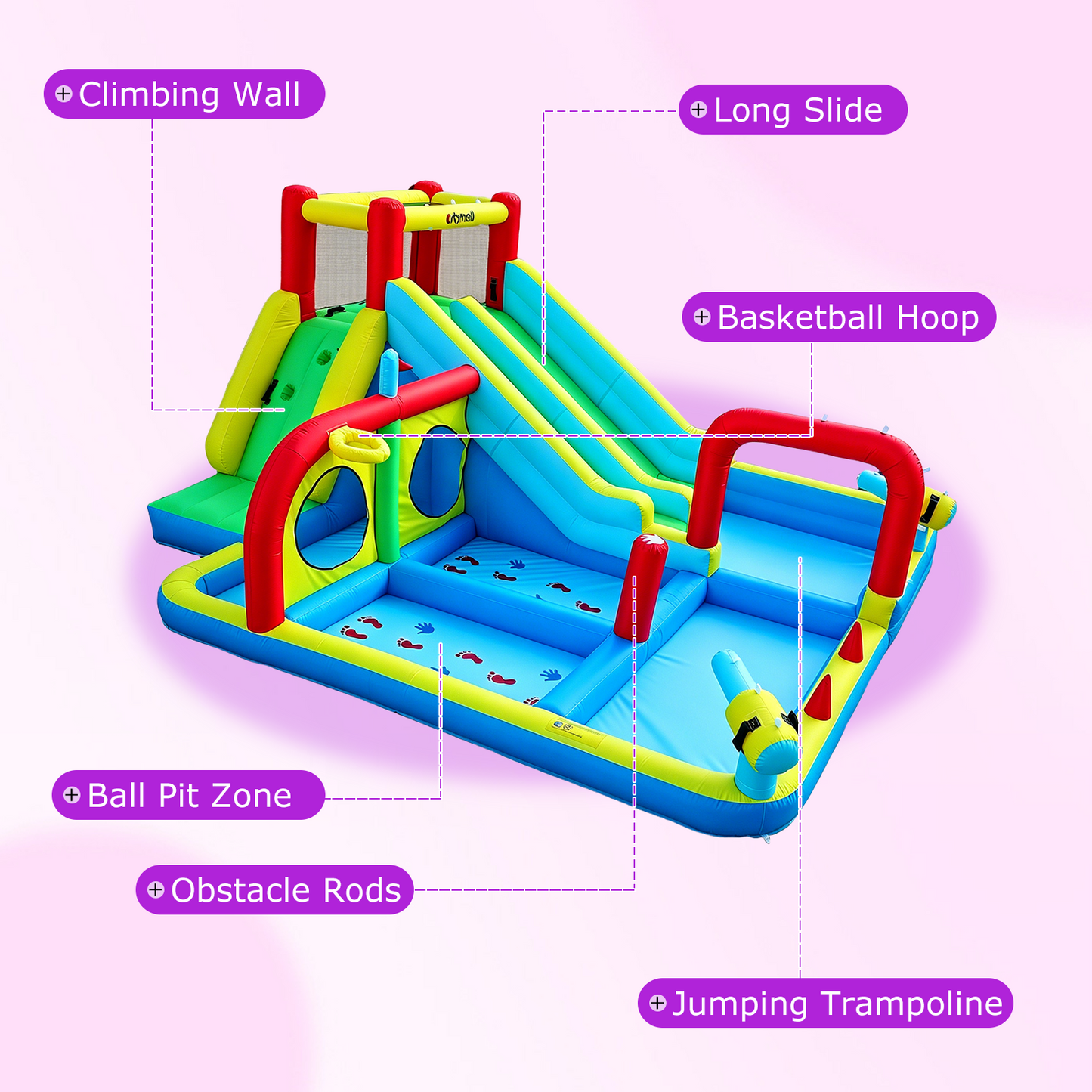 Inflatable Water Slide with Dual Slides, Bounce House with Climbing Wall, Dual Ball Pools, Water Guns, Basketball Hoop and Punching Game, Indoor/Outdoor Kids Inflatable Castle with Blower