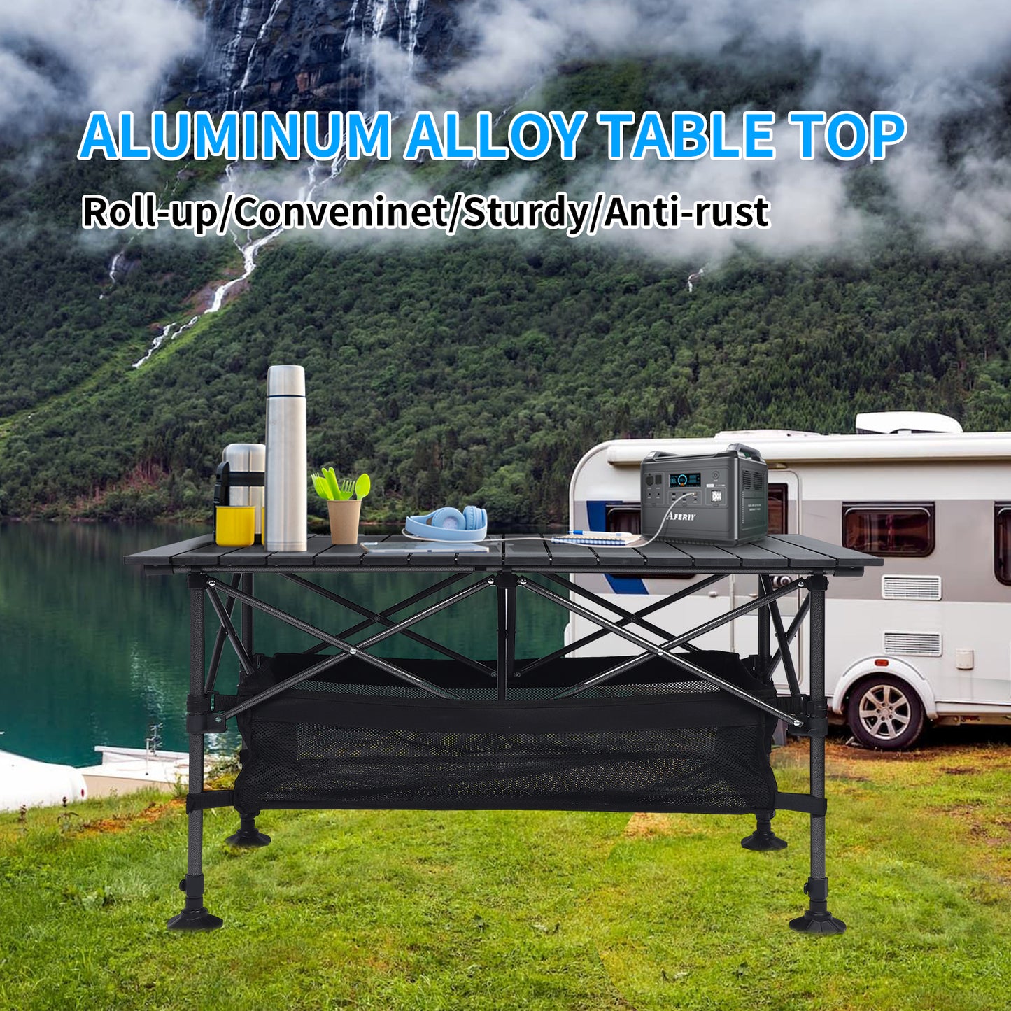 Loewten Camping Table with Adjustable Height 22"-30, Wide Feet, Storage & Carrying Bags for Picnic, BBQ, Beach, Backyard, Party