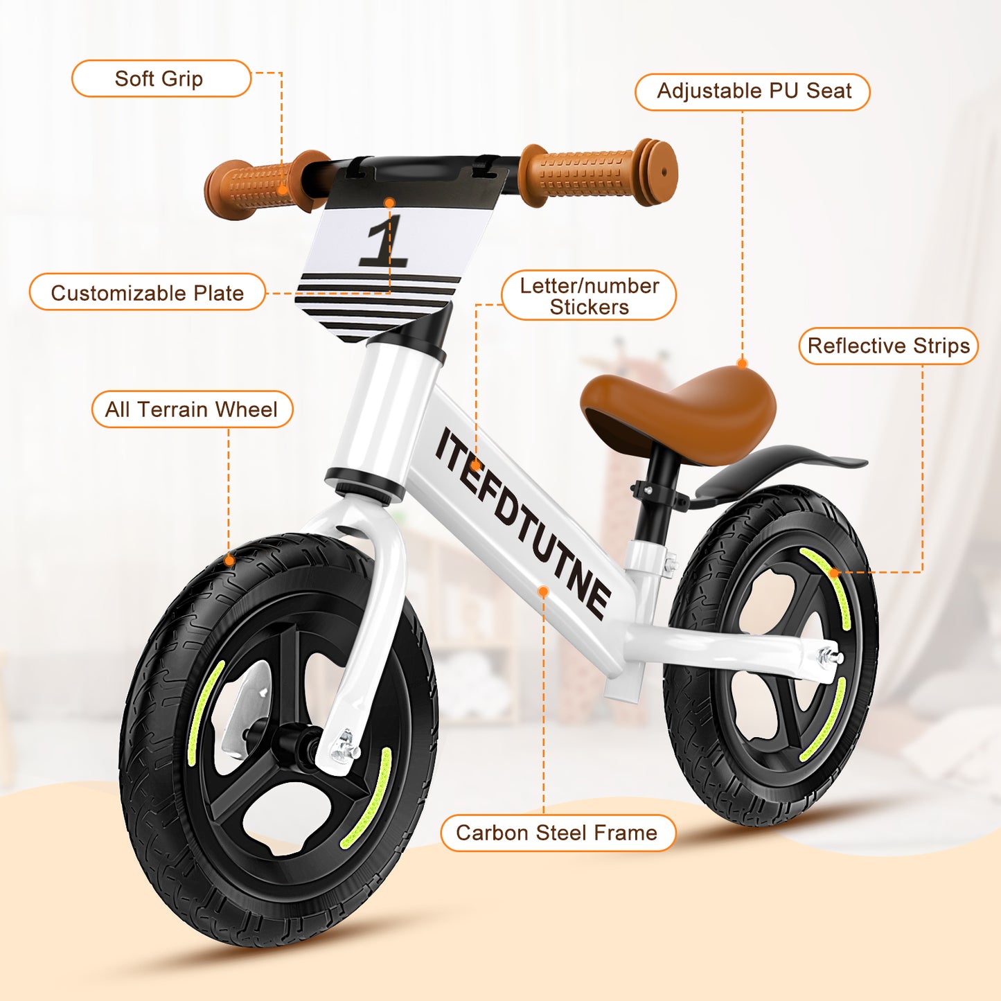 DOMQGA 12" Balance Bike for Kids,Adjustable Seat and Handlebar,No Pedal Balance Bicycle with Fender for Kids Ages 18 Months to 5 Years ,White