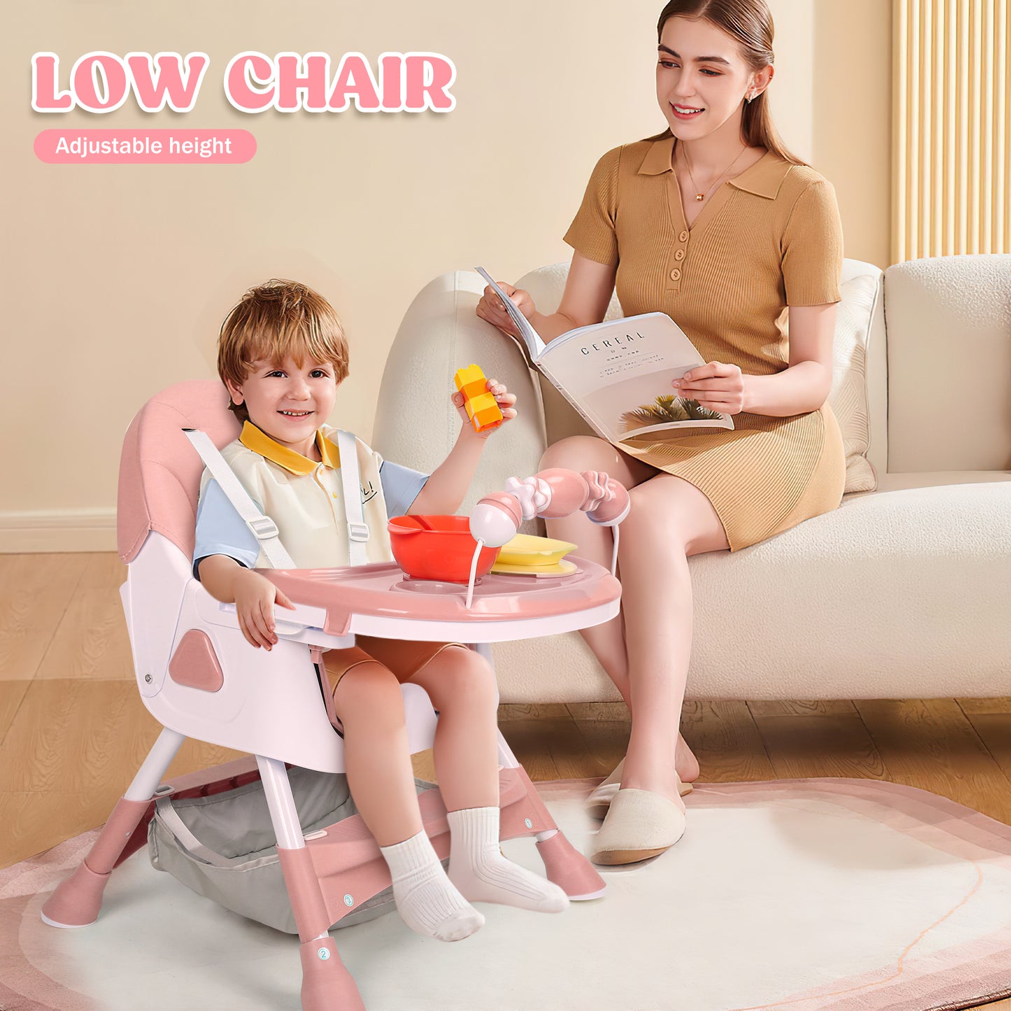 Loewten 4-in-1 Baby High Chair,Portable Folding Dining Chairs with Adjustable Height for Baby and Toddlers,Eat & Play with Five-Point,Pink