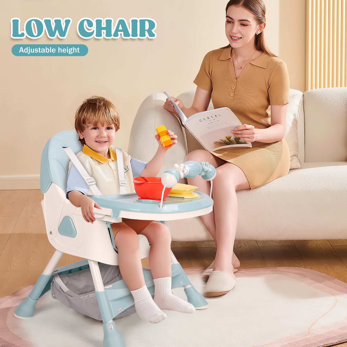 Loewten 4-in-1 Baby High Chair,Portable Folding Dining Chairs with Adjustable Height for Baby and Toddlers,Eat & Play with Five-Point,Blue