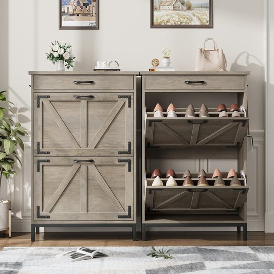 Loewten Shoe Cabinet Storage with 2 Flip Drawers & 1 Drawer,Narrow Free Standing Shoe Organizer Cabinet Slim Shoe Cabinet for Hallway,Gray