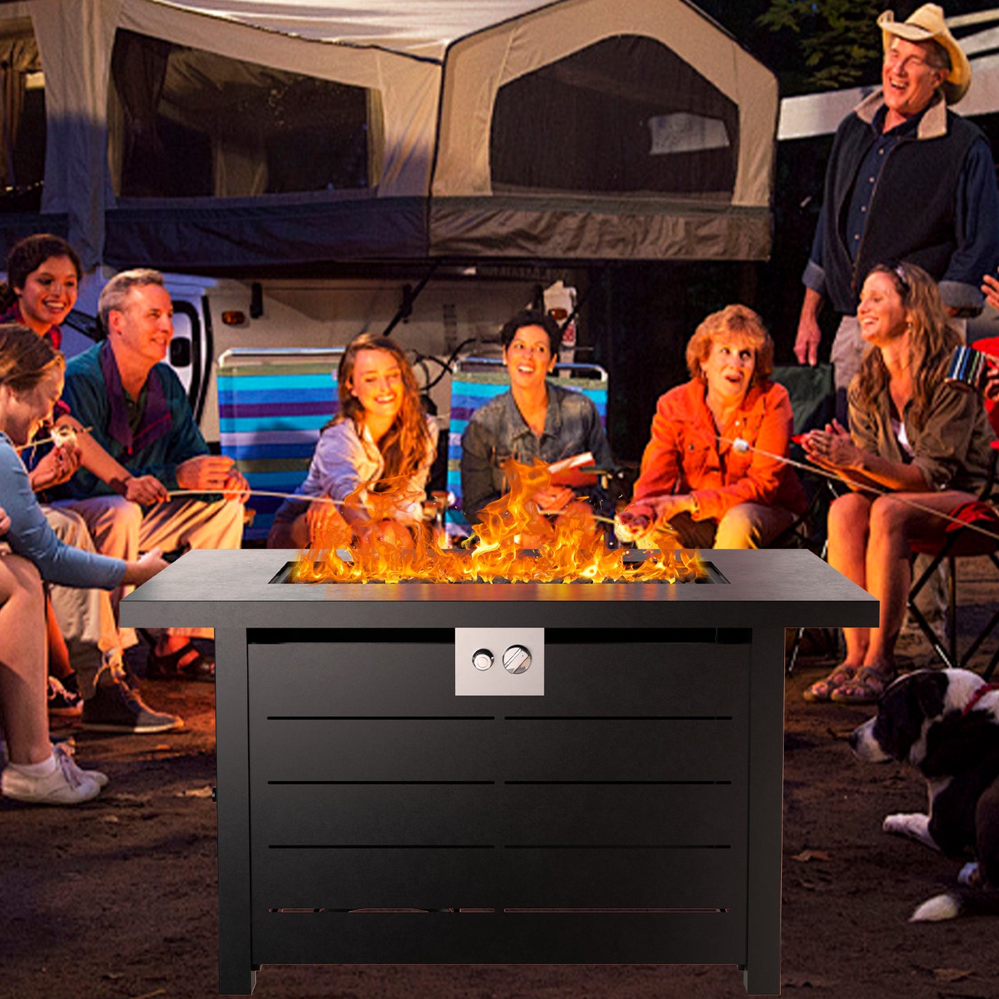 DOMQGA 43" Propane Fire Pit Table,50,000 BTU Steel Gas 2-in-1 Fire Pit Table for Outside with Lid,Lava Rock & Waterproof cover,Rectangle