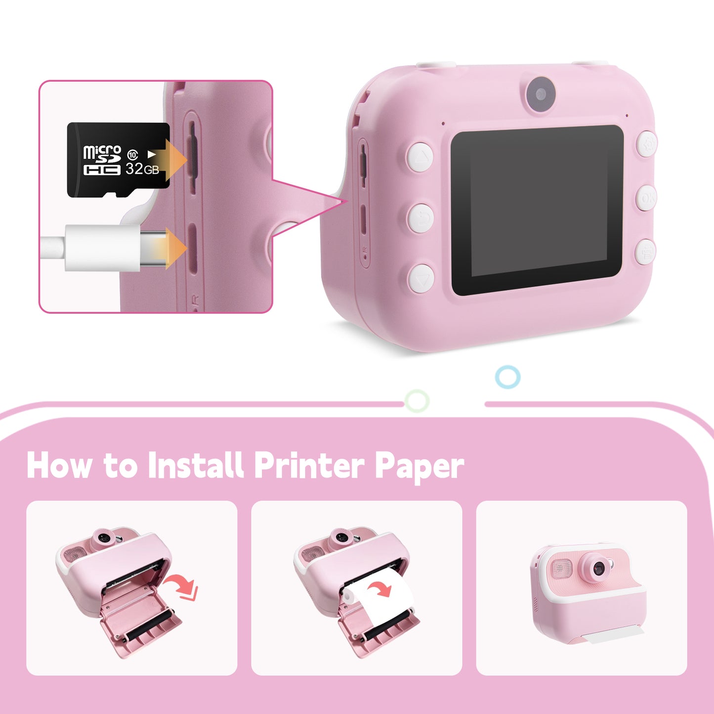 DOMQGA Kids Camera Instant Print,1080P Rechargeable Portable Kids Digital Cameras Christmas Birthday Gifts with 32G SD Card,Pink