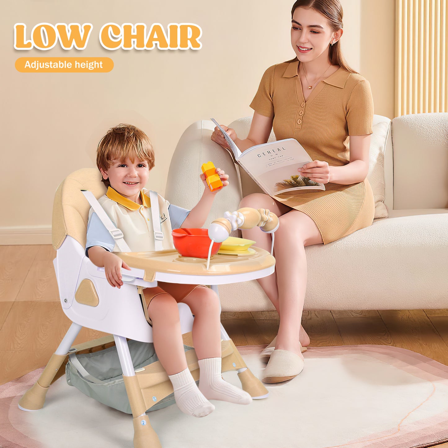 Loewten 4-in-1 Baby High Chair,Portable Folding Dining Chairs with Adjustable Height for Baby and Toddlers,Eat & Play with Five-Point,Brown