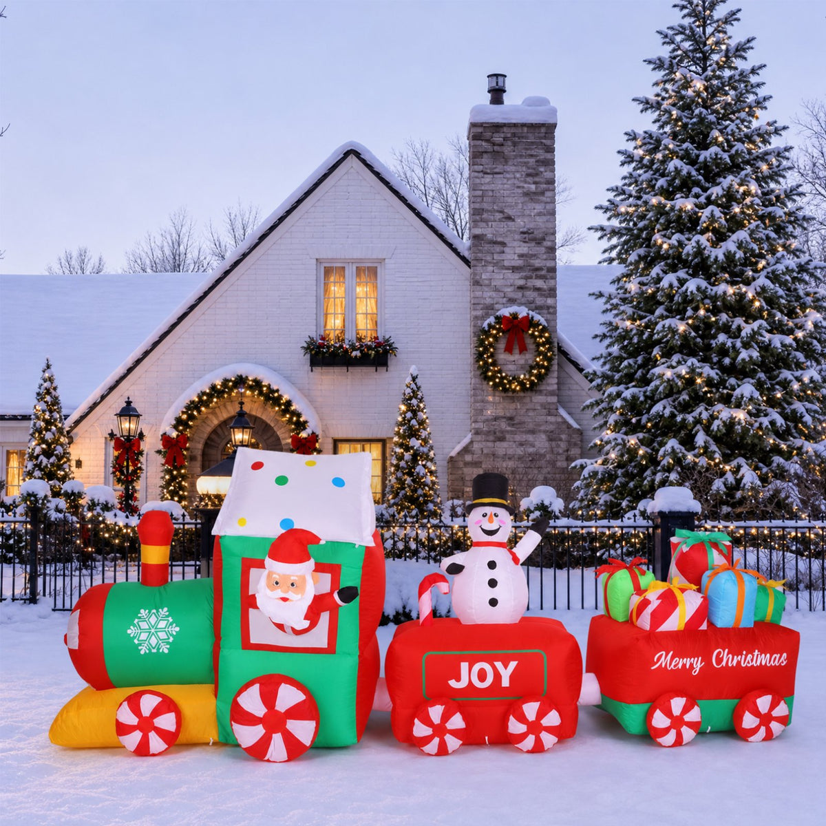 12 FT Christmas Inflatable Train with Santa,Snowman and Gift Outdoor Decoration, Christmas Blow Up Yard Decorations, Built-in LED Lights Inflatables Xmas Holiday Funny Decor for Indoor Lawn Garden