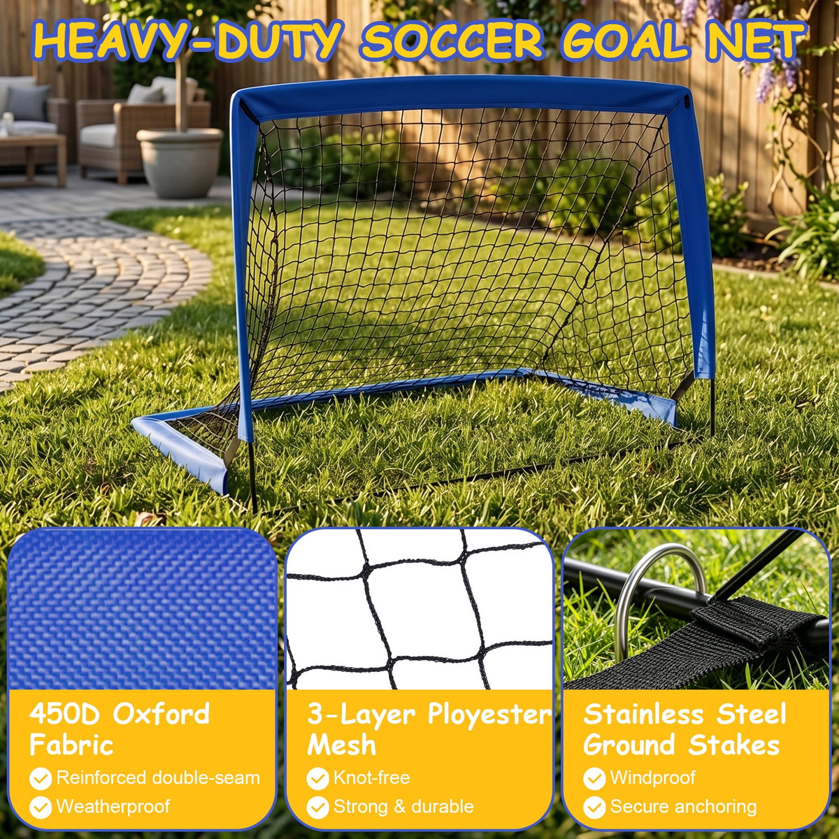 2 Pack 4'x3' Kids Soccer Goals: Portable Foldable Soccer Nets with Full Accessories, All-Weather Training Set for Backyard Outdoor Play, Blue