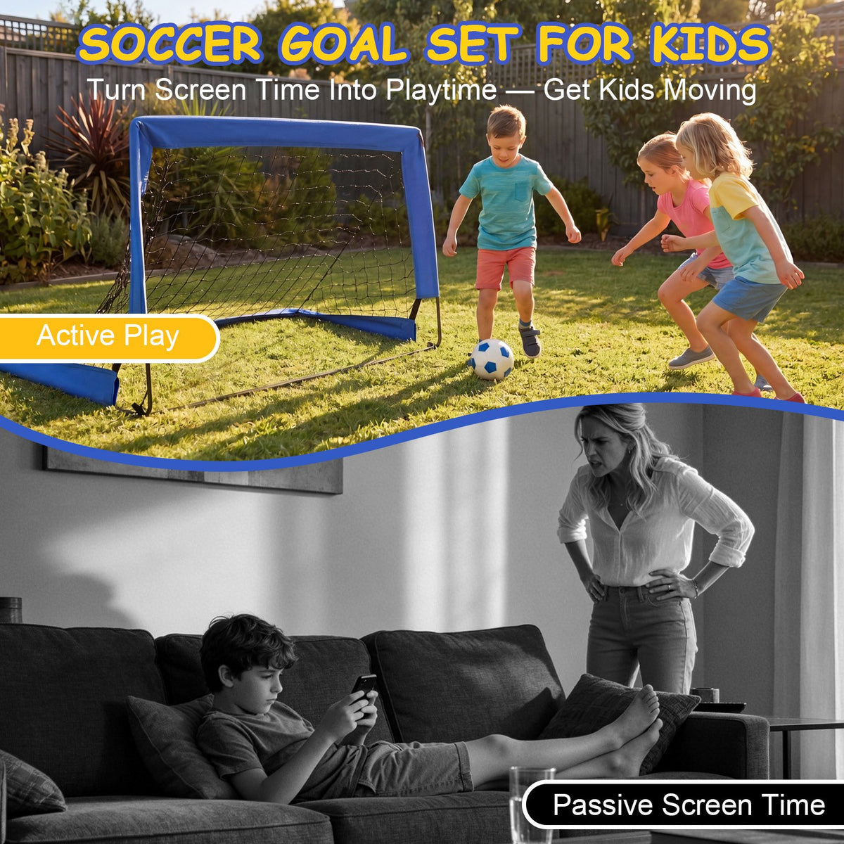 2 Pack 4'x3' Kids Soccer Goals: Portable Foldable Soccer Nets with Full Accessories, All-Weather Training Set for Backyard Outdoor Play, Blue