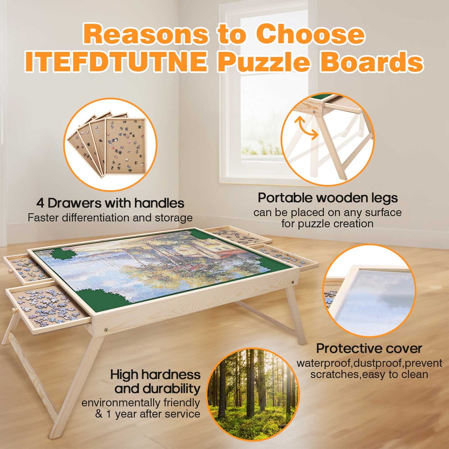 1500 Piece Puzzle Board, 34x26 Inch Wooden Puzzle Table,Portable Puzzle Tables for Adults and Kids